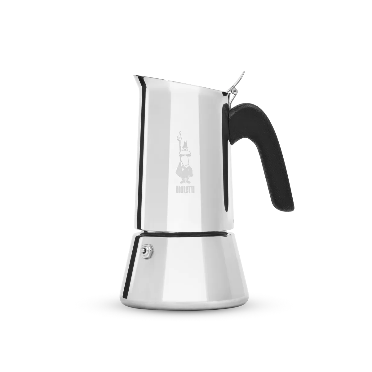 Una cafetera Bialetti plateada brillante con asa negra.