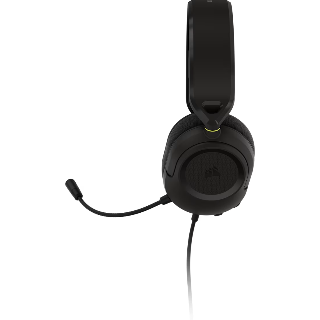 Auriculares negros para juegos con micrófono y acento amarillo.