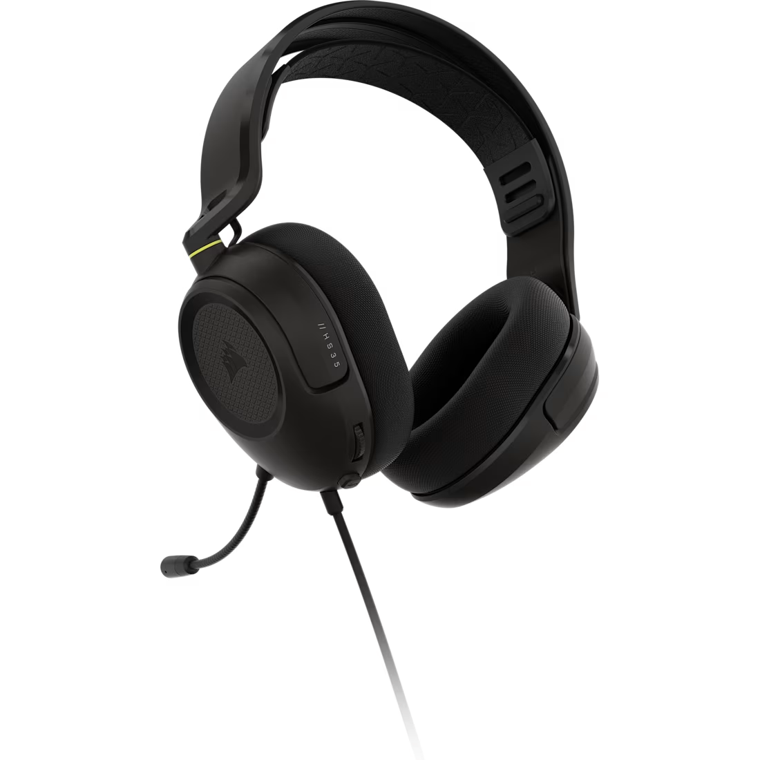 Auriculares gaming negros con micrófono, cable y detalles amarillos.