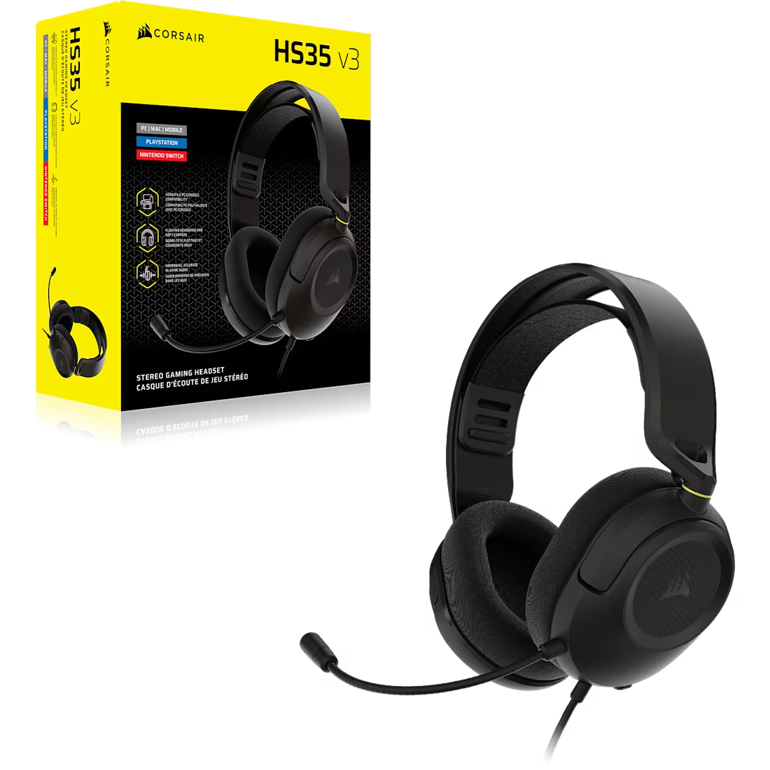 Auriculares negros para juegos con micrófono, junto a una caja amarilla.