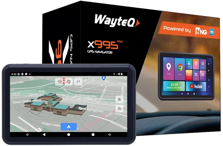 WayteQ X995 PRO GPS navigátor térképnézettel és alkalmazásmenüvel.