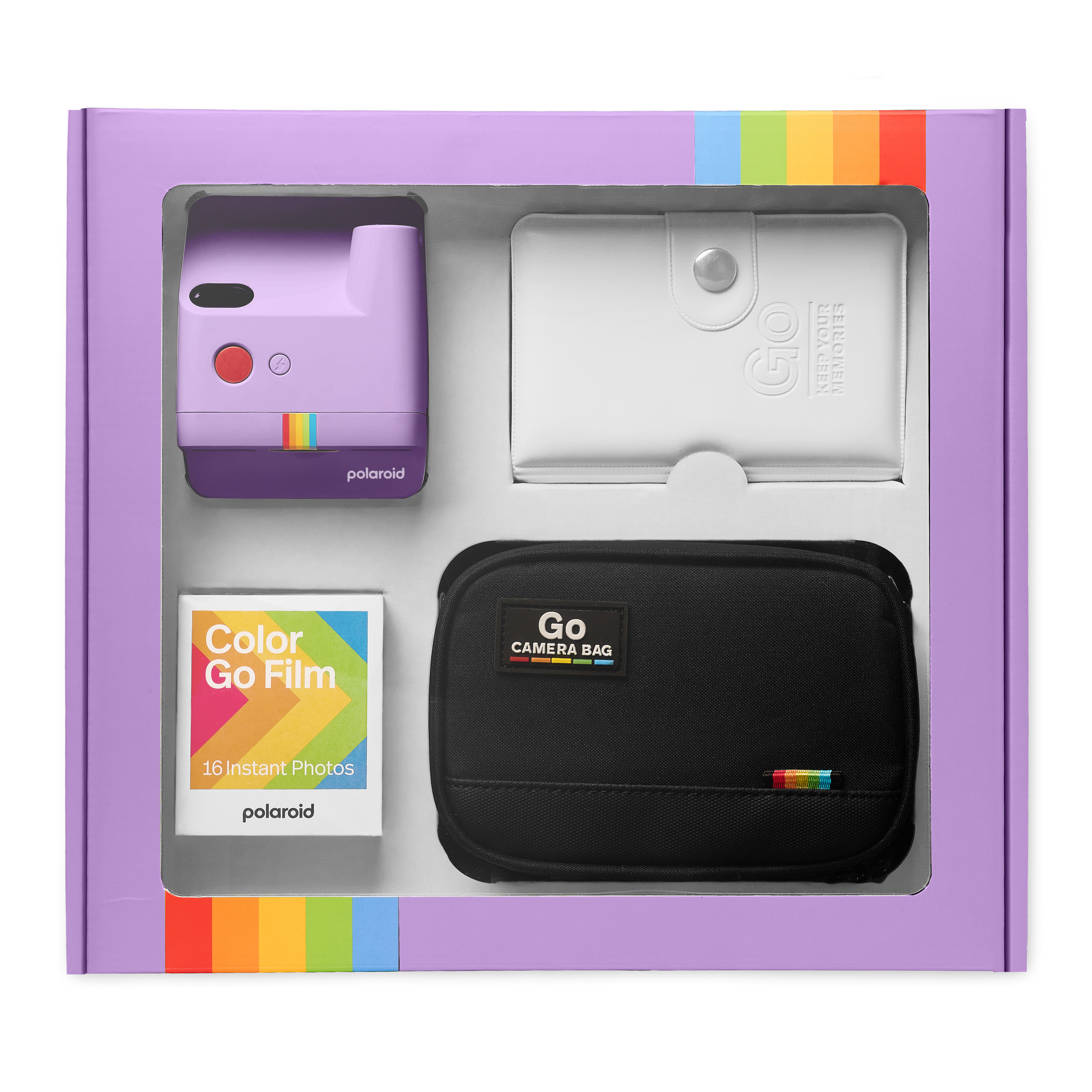 Gökkuşağı vurgulu mor bir kutuda Polaroid Go kamera seti.