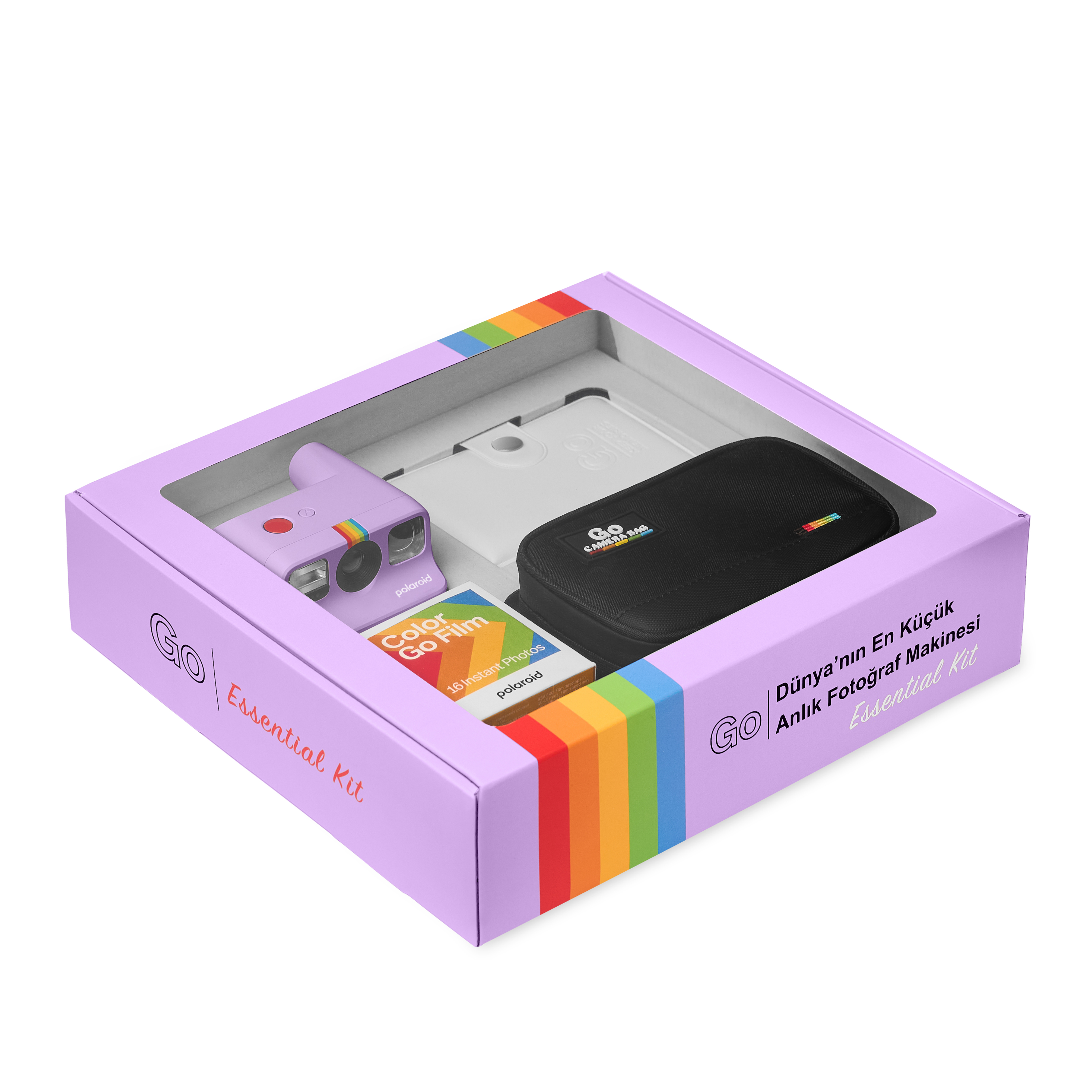 Film ve kamera çantası içeren lavanta rengi Polaroid anlık kamera kiti.