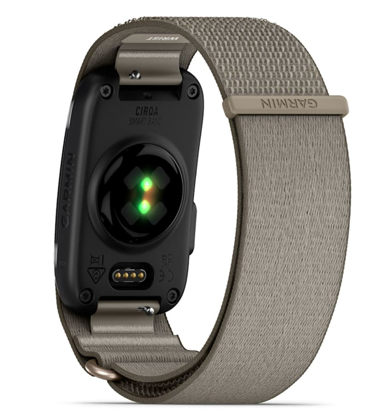 Rückseite einer schwarzen Smartwatch mit grün leuchtendem Herzfrequenzsensor und Stoffarmband.