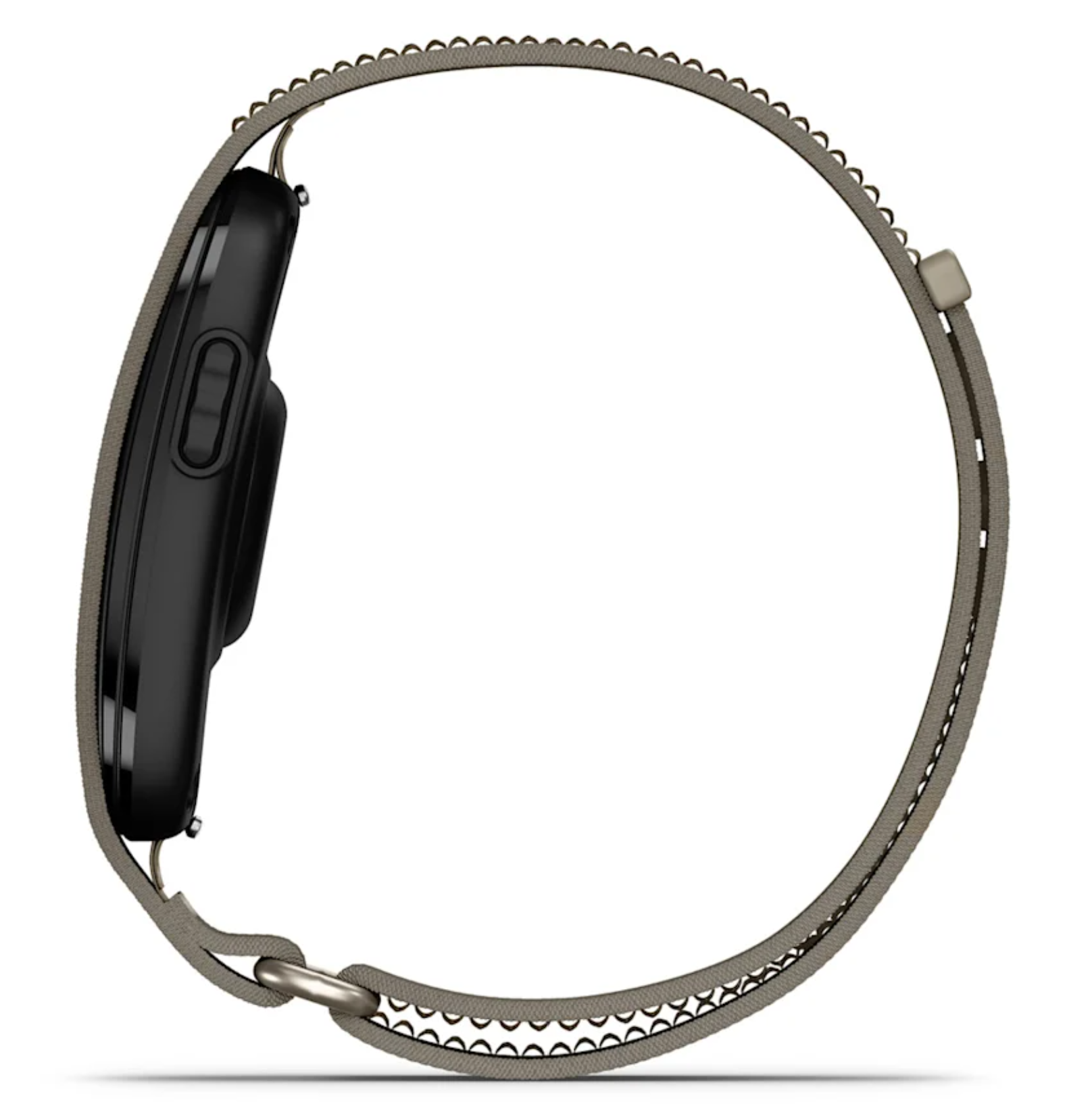 Schwarze Smartwatch mit grauem Stoffarmband, Nahaufnahme der Seite.