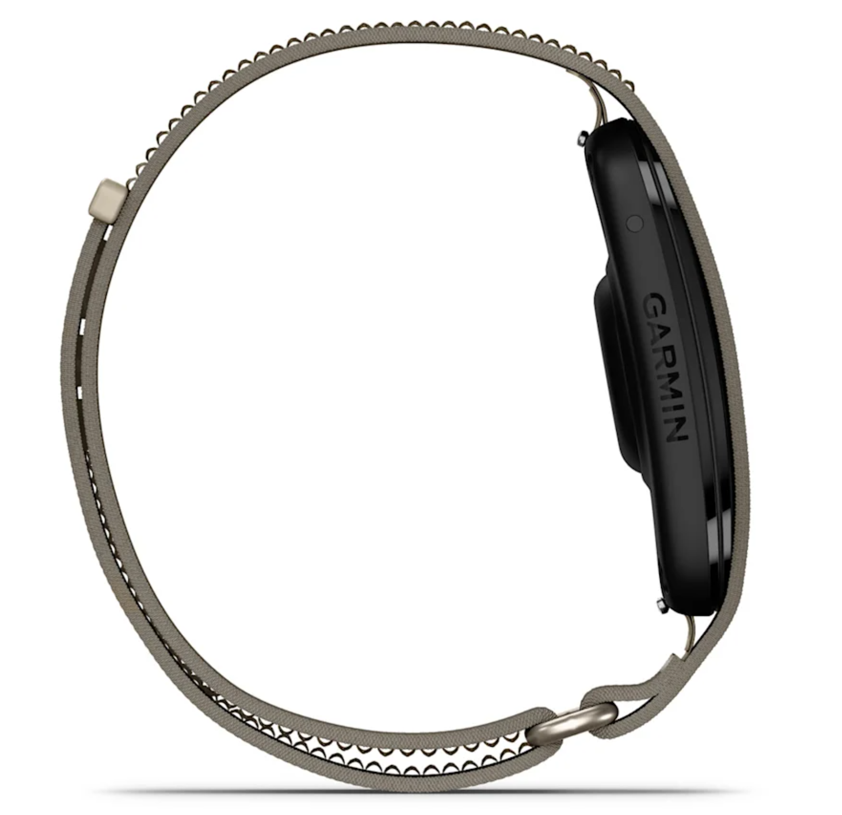 Schwarzes Garmin-Gerät mit grauem Stoffarmband und silberner Schnalle.