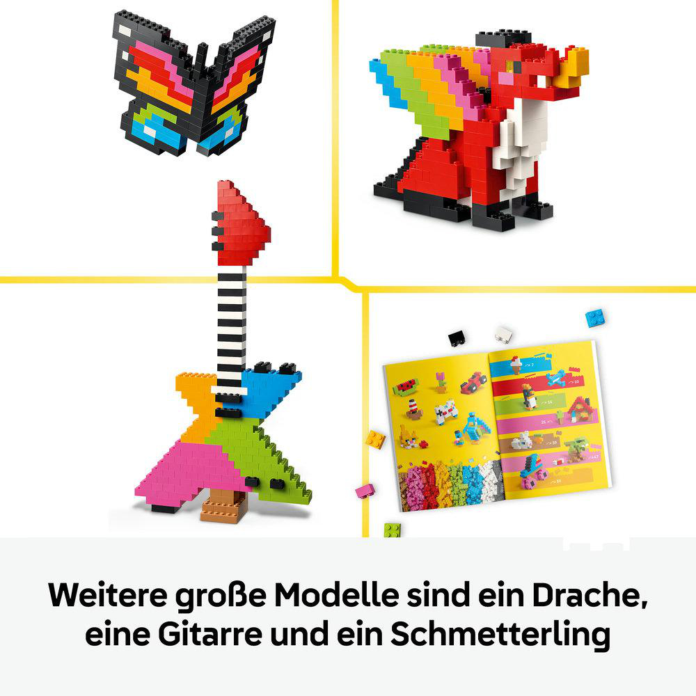 Bunte Lego-Modelle: Schmetterling, Drache, Gitarre und Bauanleitungen.