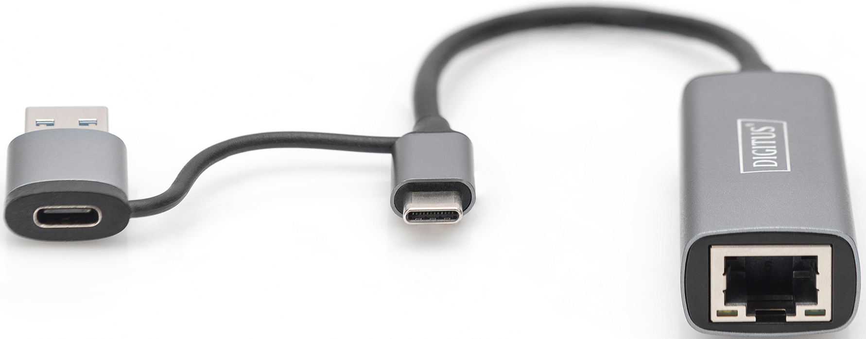 Ein grauer USB-C-zu-Ethernet-Adapter mit USB-A-Anschluss und RJ45-Buchse.
