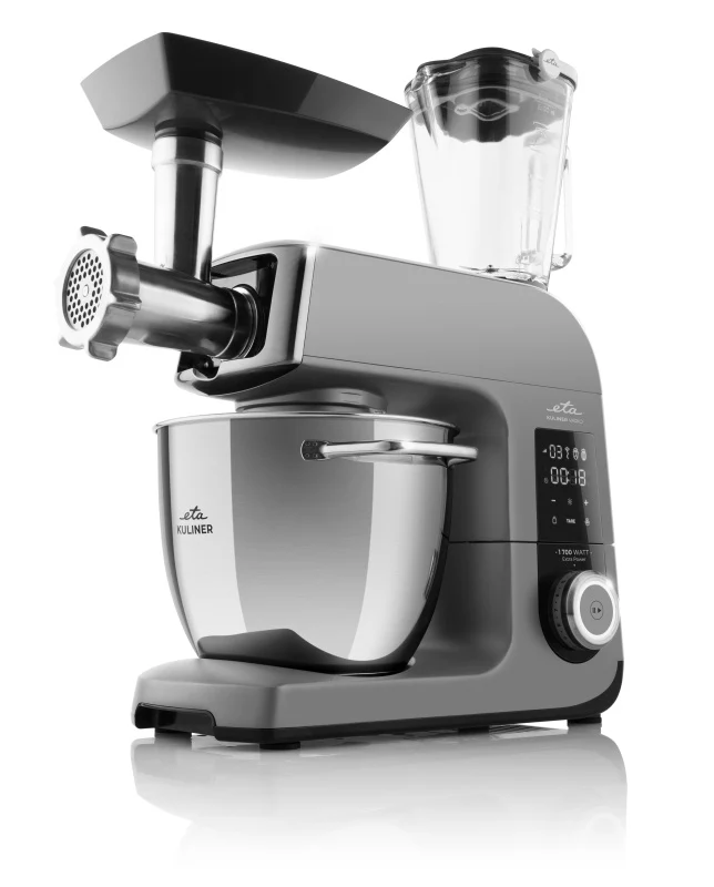 Szürke konyhai robotgép húsdaráló és turmix feltétekkel.