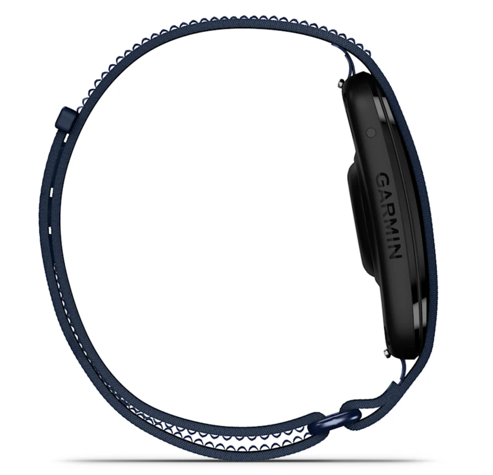 Ein dunkles Garmin-Armband mit einem Wellenmuster am Rand.