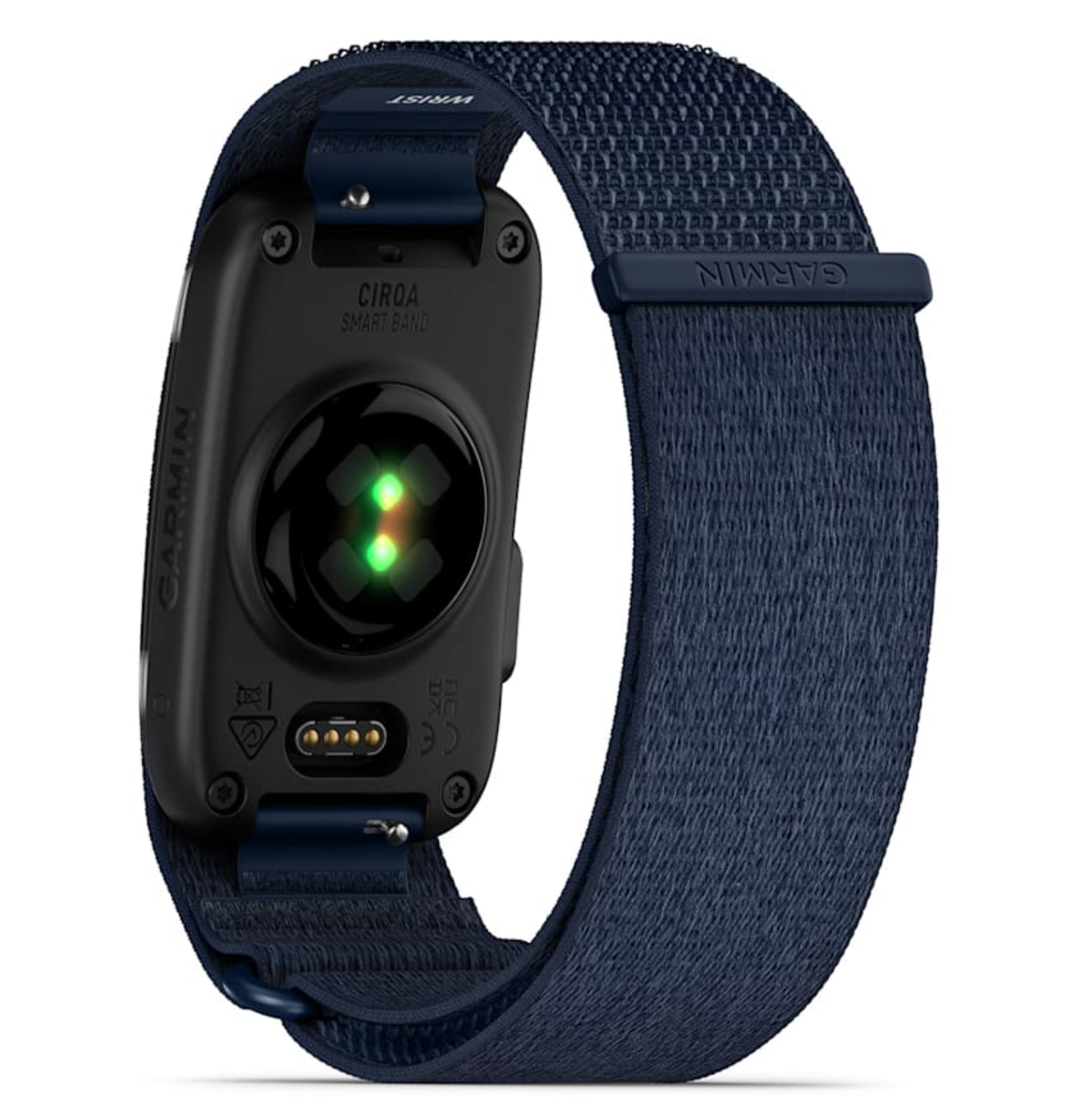 Dunkelblaue Garmin Smartwatch mit Herzfrequenzsensor und Stoffarmband.