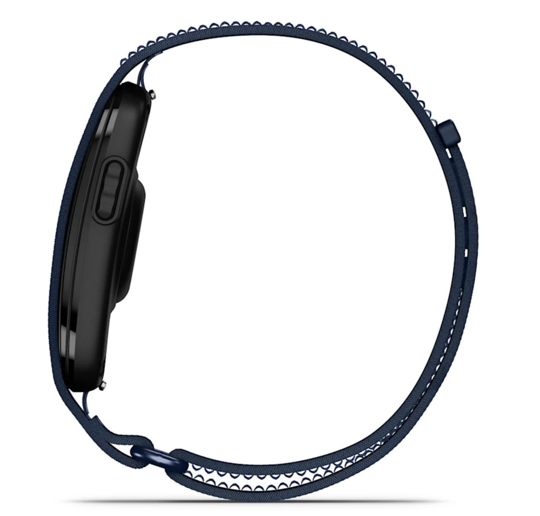 Schwarze Smartwatch mit dunkelblauem Stoffarmband und silbernen Akzenten.