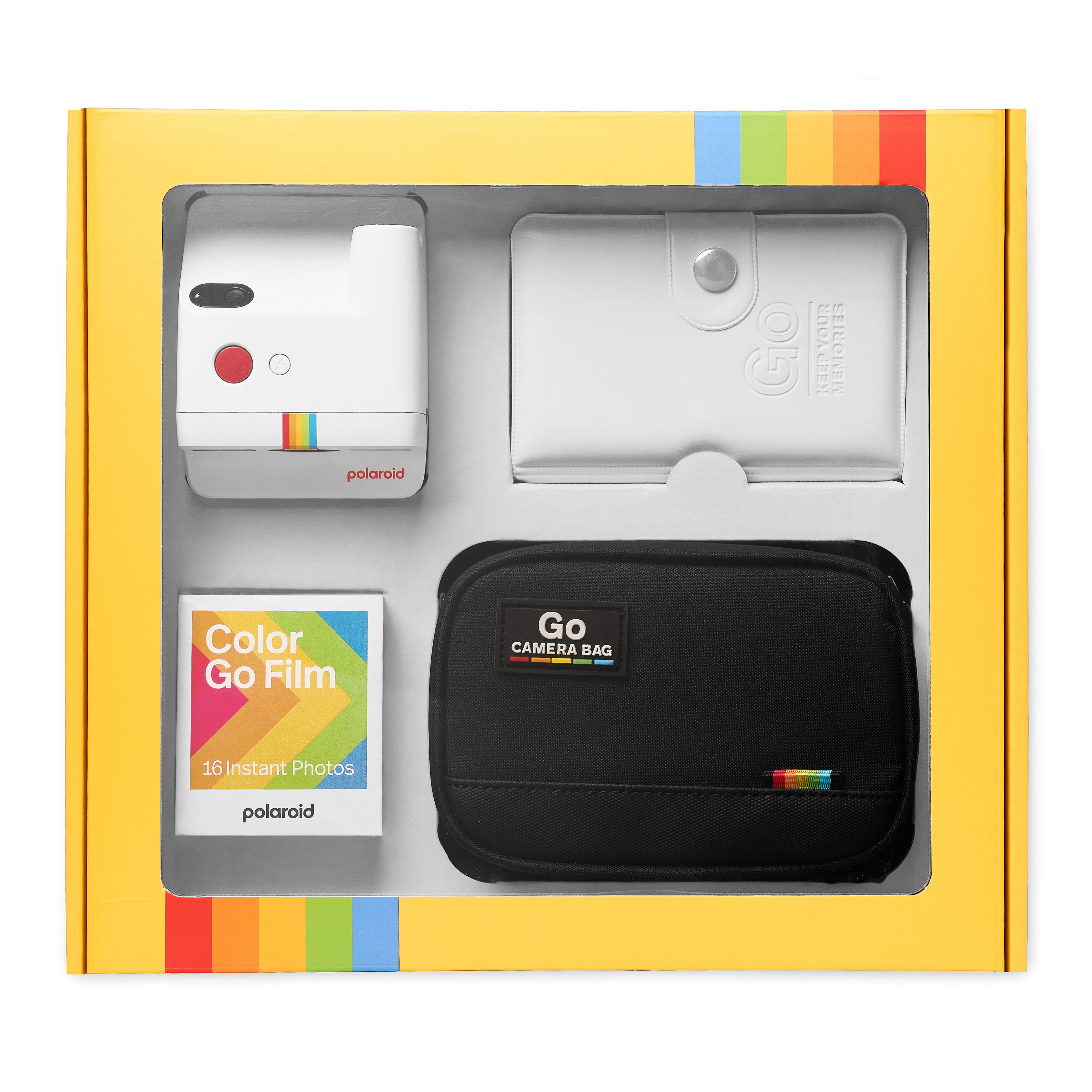 Kutu içinde gökkuşağı vurgulu sarı Polaroid Go kamera seti.