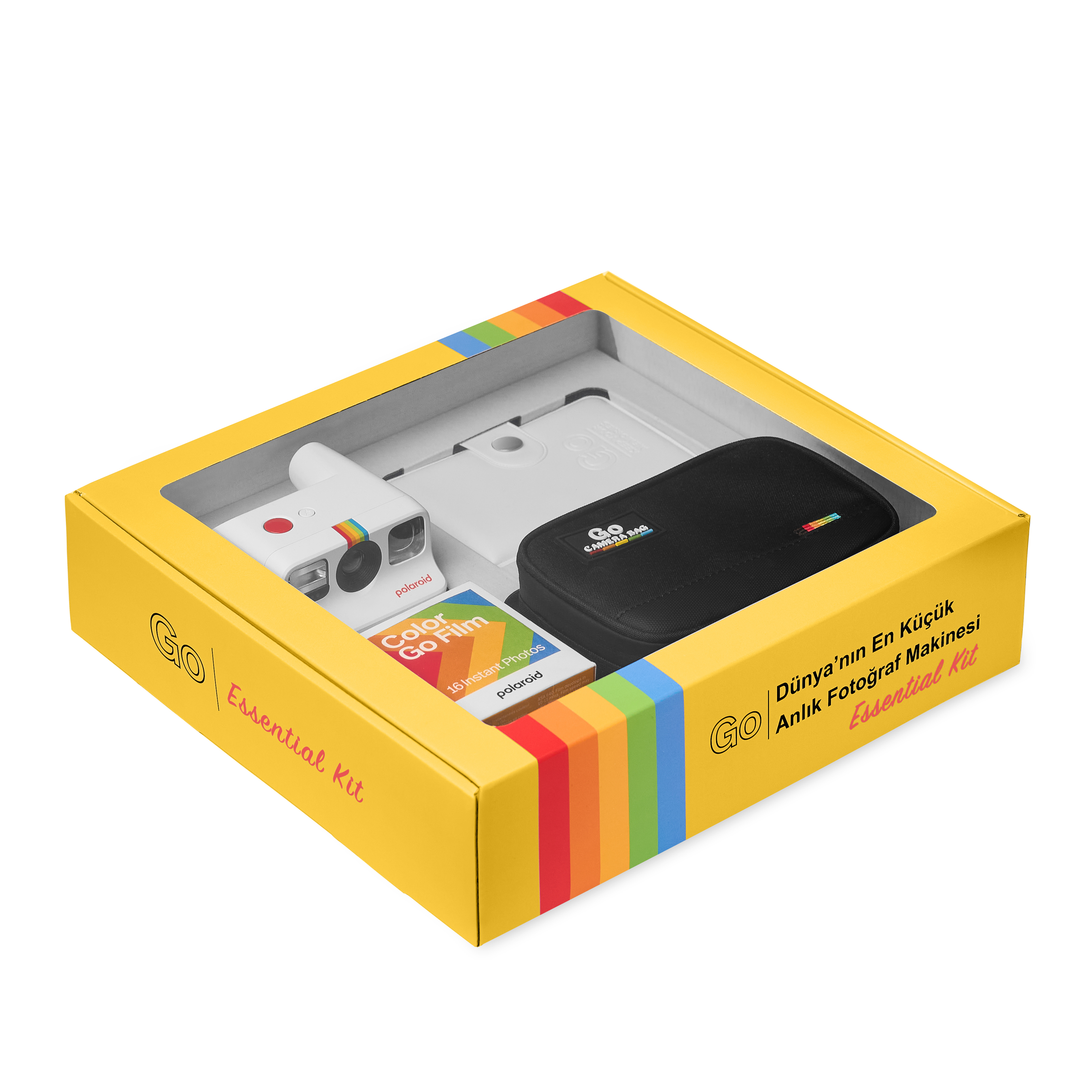 Beyaz Polaroid fotoğraf makinesi, film ve siyah çanta içeren sarı kutu.