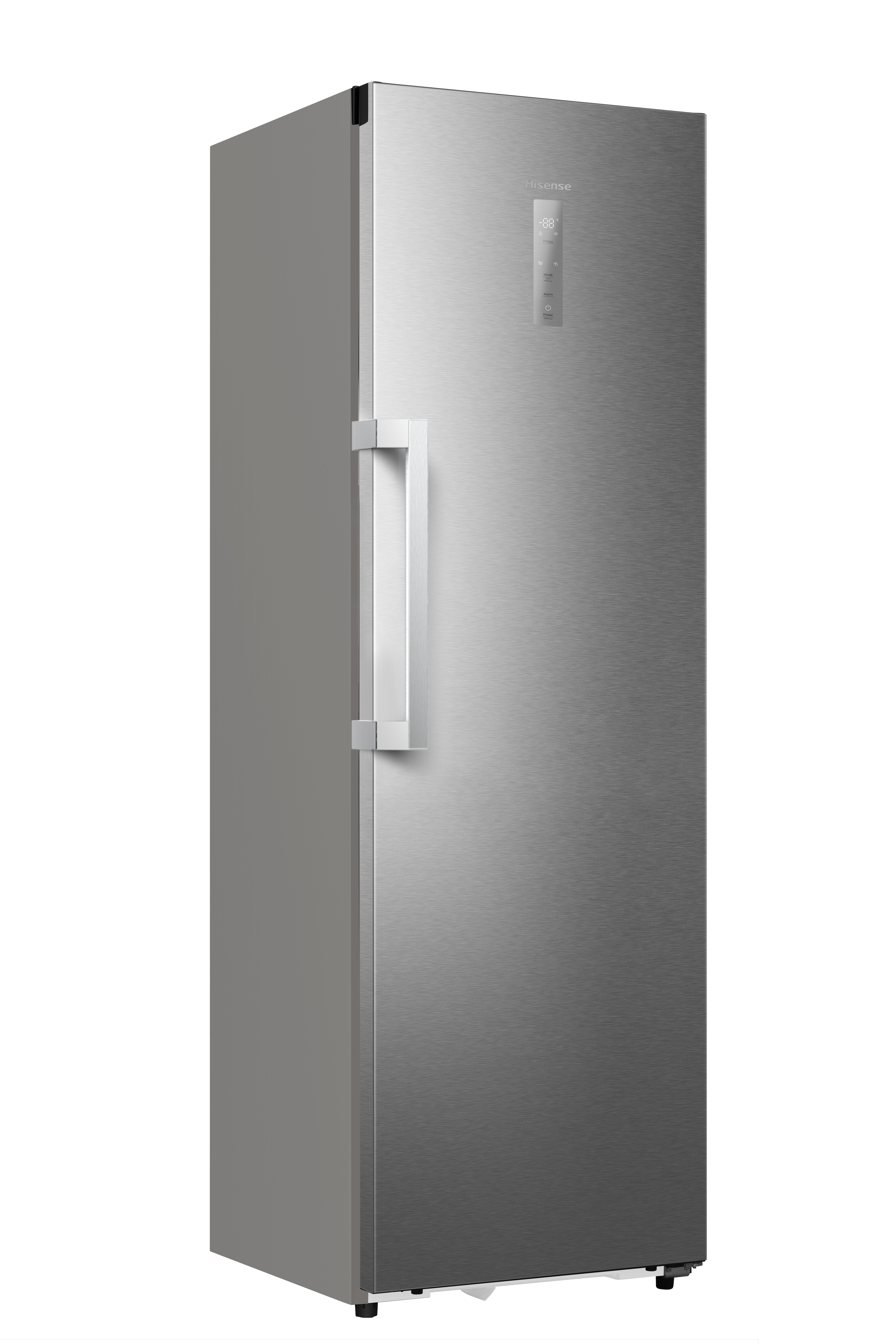 Ein schlanker, silberner Kühlschrank mit einem vertikalen Griff und einem digitalen Display.