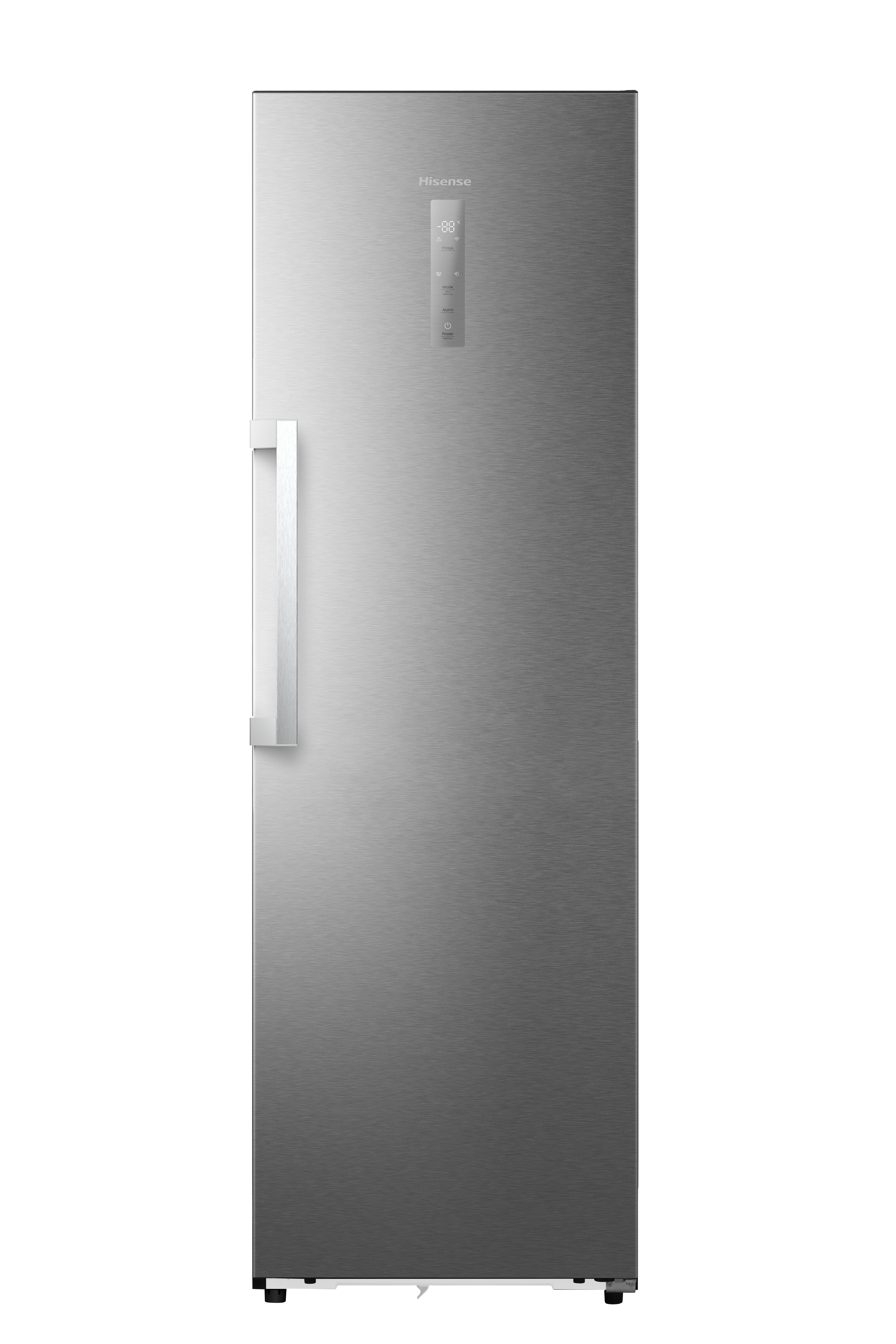 Ein schlanker, silberner Kühlschrank mit einem vertikalen Griff und einem digitalen Display.