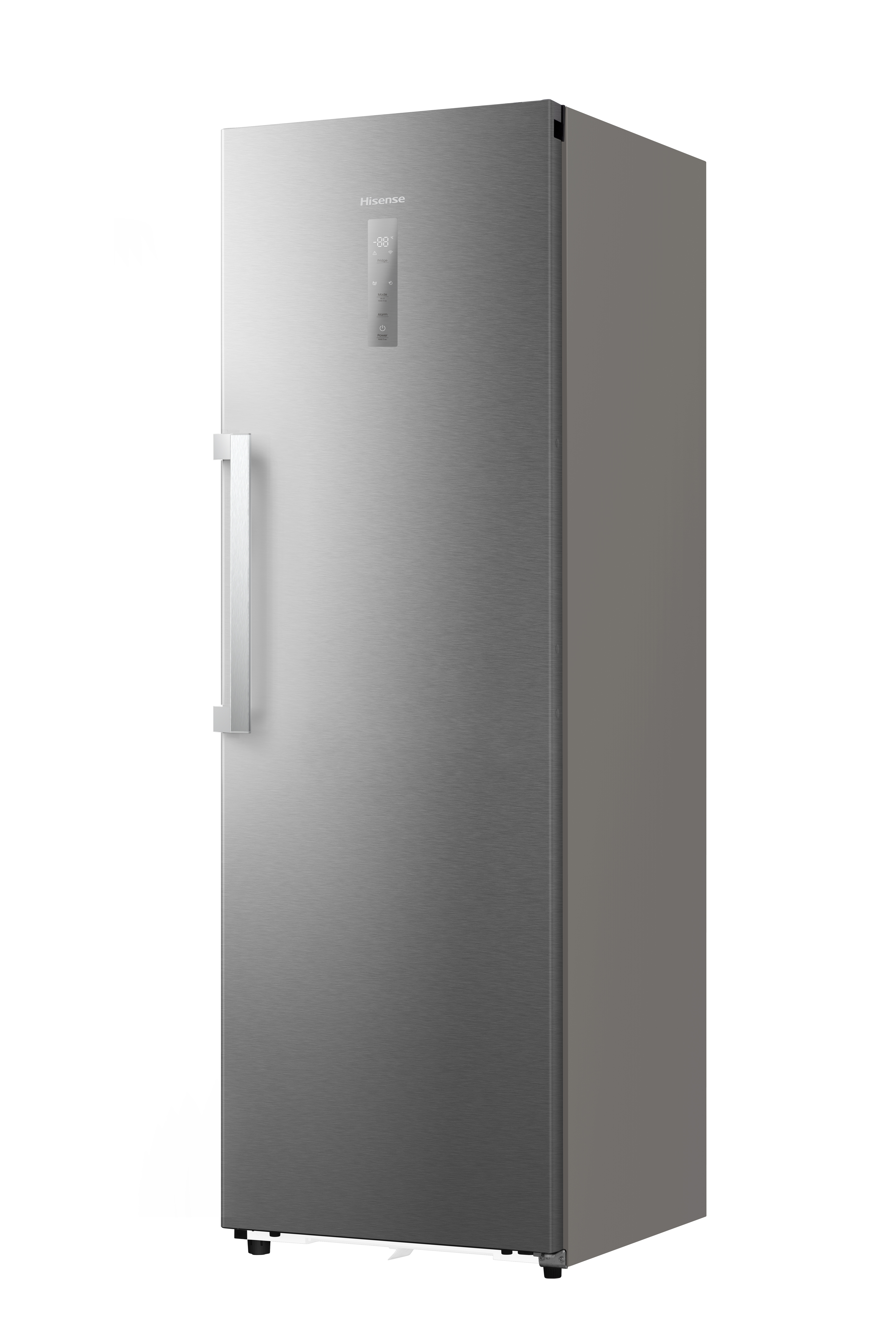 Ein silberner Hisense-Kühlschrank mit Griff und digitalem Display.