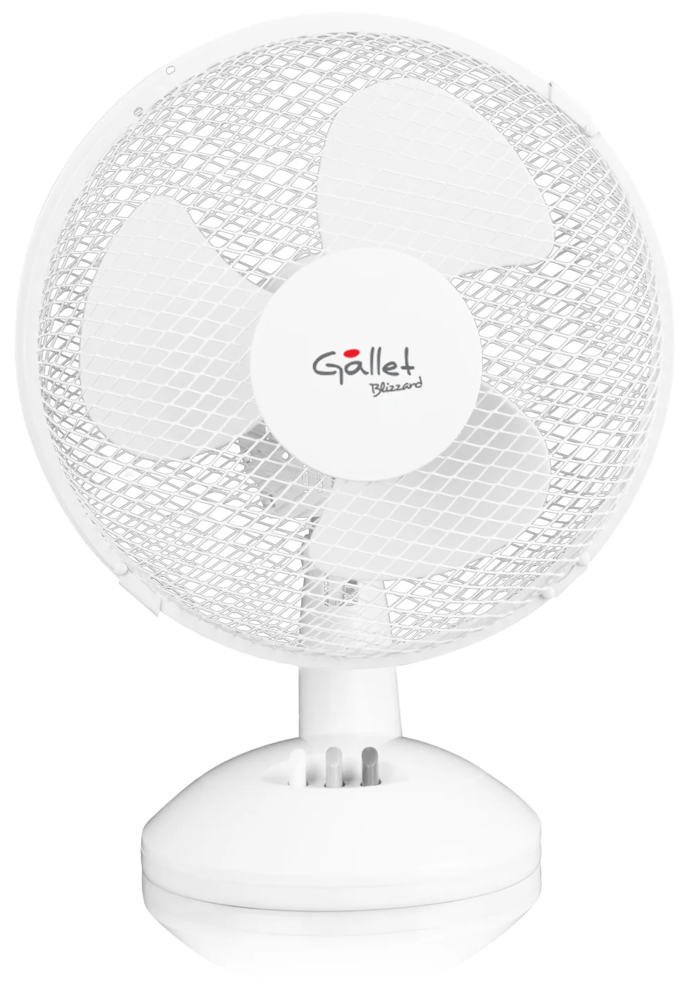 Egy fehér asztali ventilátor Gallet Blizzard logóval és három lapáttal.