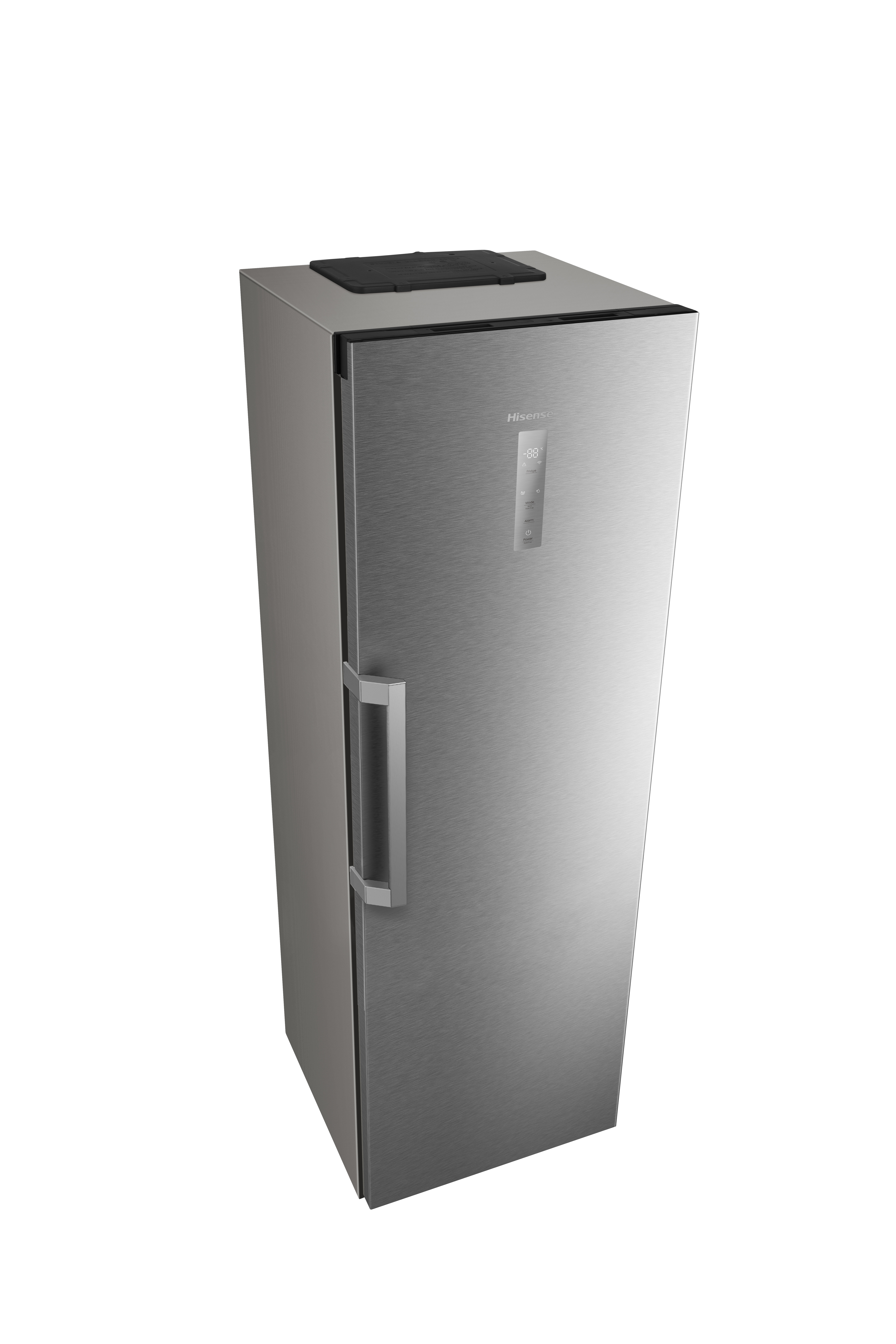 Ein silberner Kühlschrank mit digitaler Anzeige auf der Vorderseite.