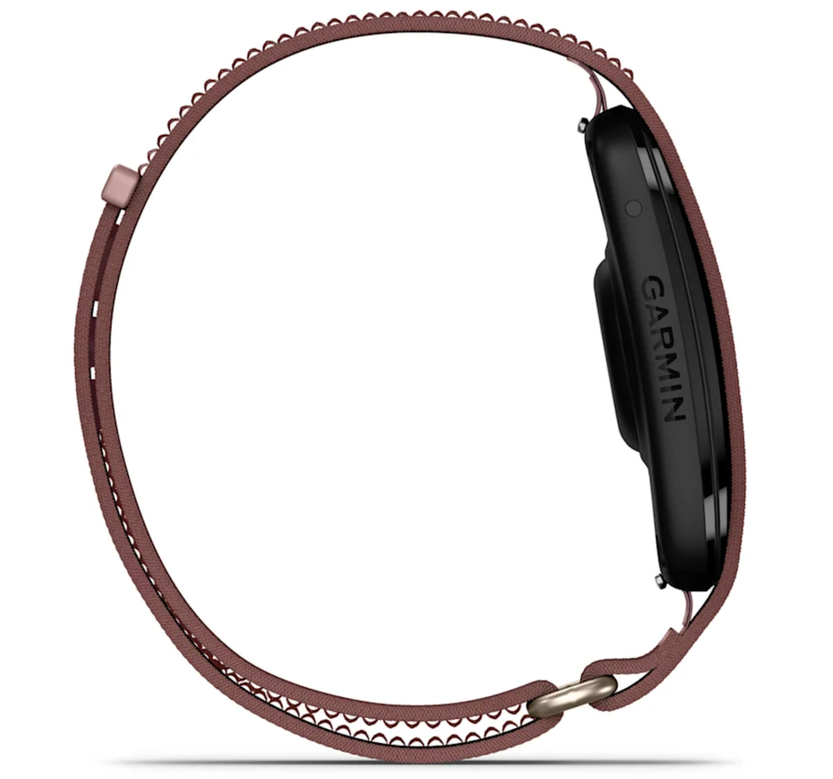 Schwarzes Garmin-Smartwatch-Gehäuse mit braunem Stoffarmband, Nahaufnahme.