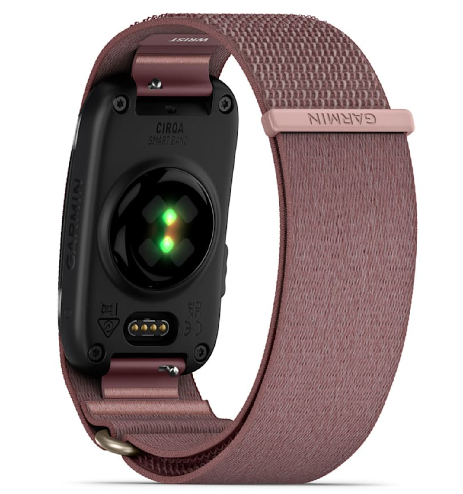 Garmin Smartband-Rückseite mit Herzfrequenzsensor und Ladeanschlüssen.
