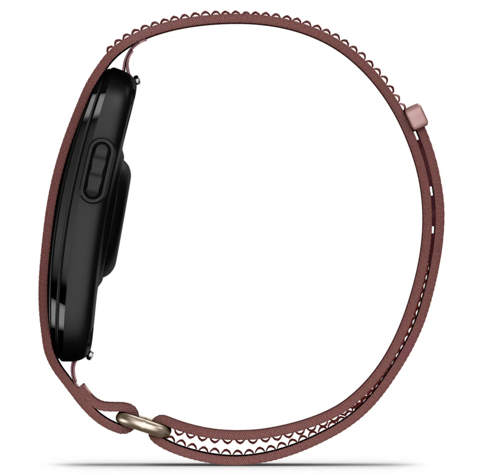 Schwarze Smartwatch mit braunem Armband und silbernem Verschluss.