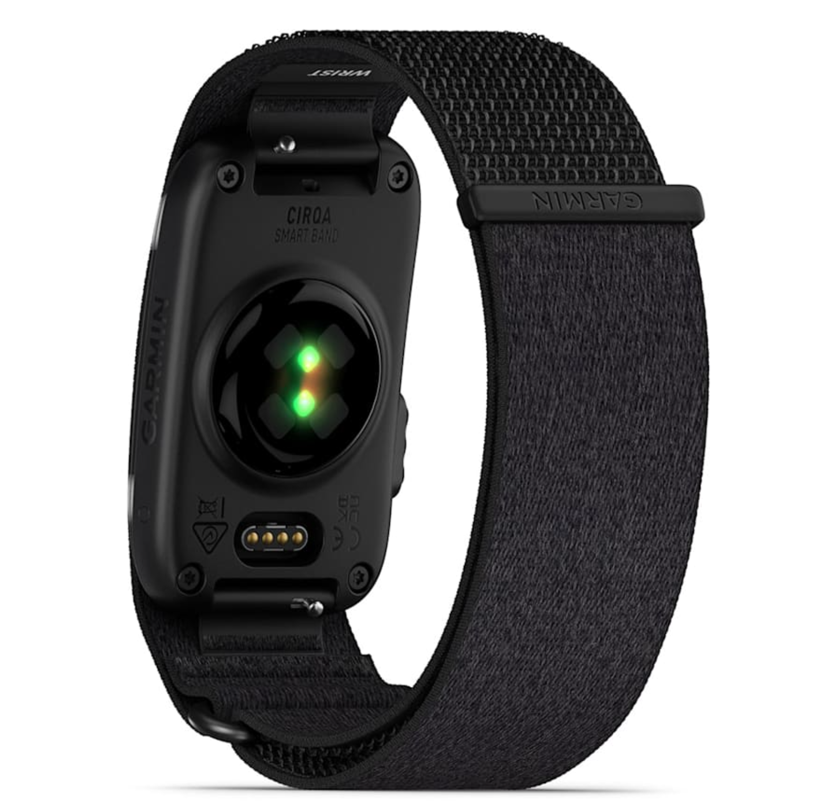 Schwarzes Garmin Smart Band mit Herzfrequenzsensor und Ladekontakten.