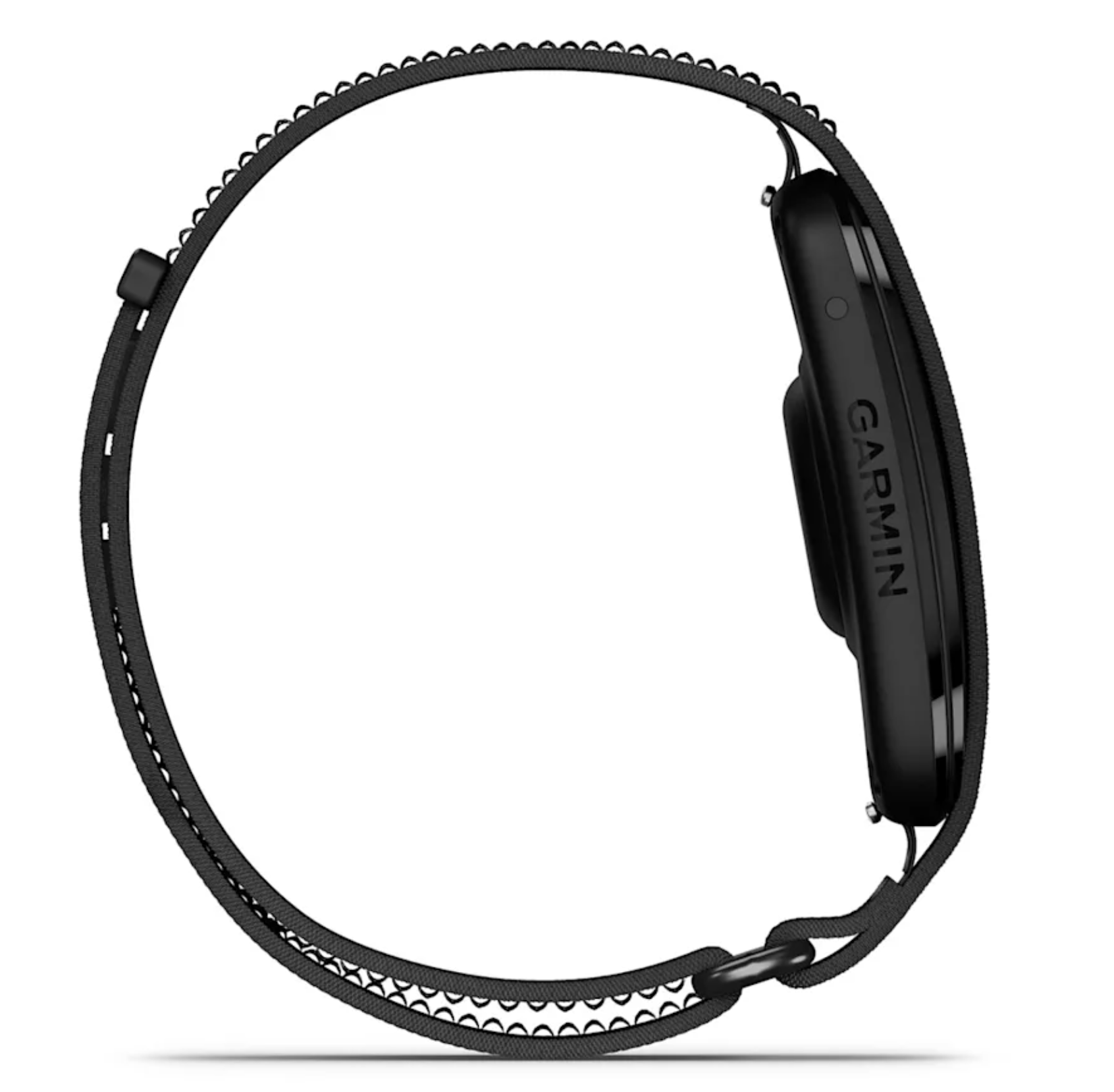 Ein schwarzes Garmin-Armband mit einem schlanken, rechteckigen Gehäuse.