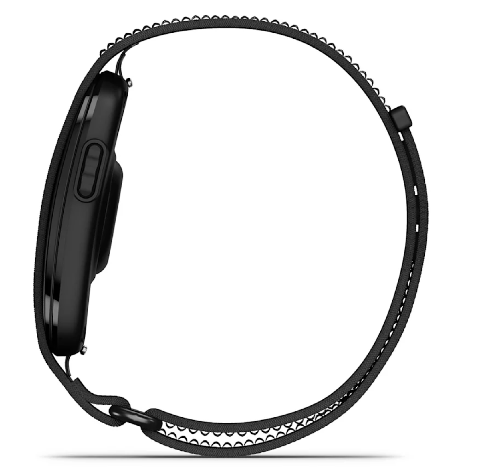 Schwarze Smartwatch mit Stoffarmband, Seitenansicht. Seitliche Tasten sichtbar.