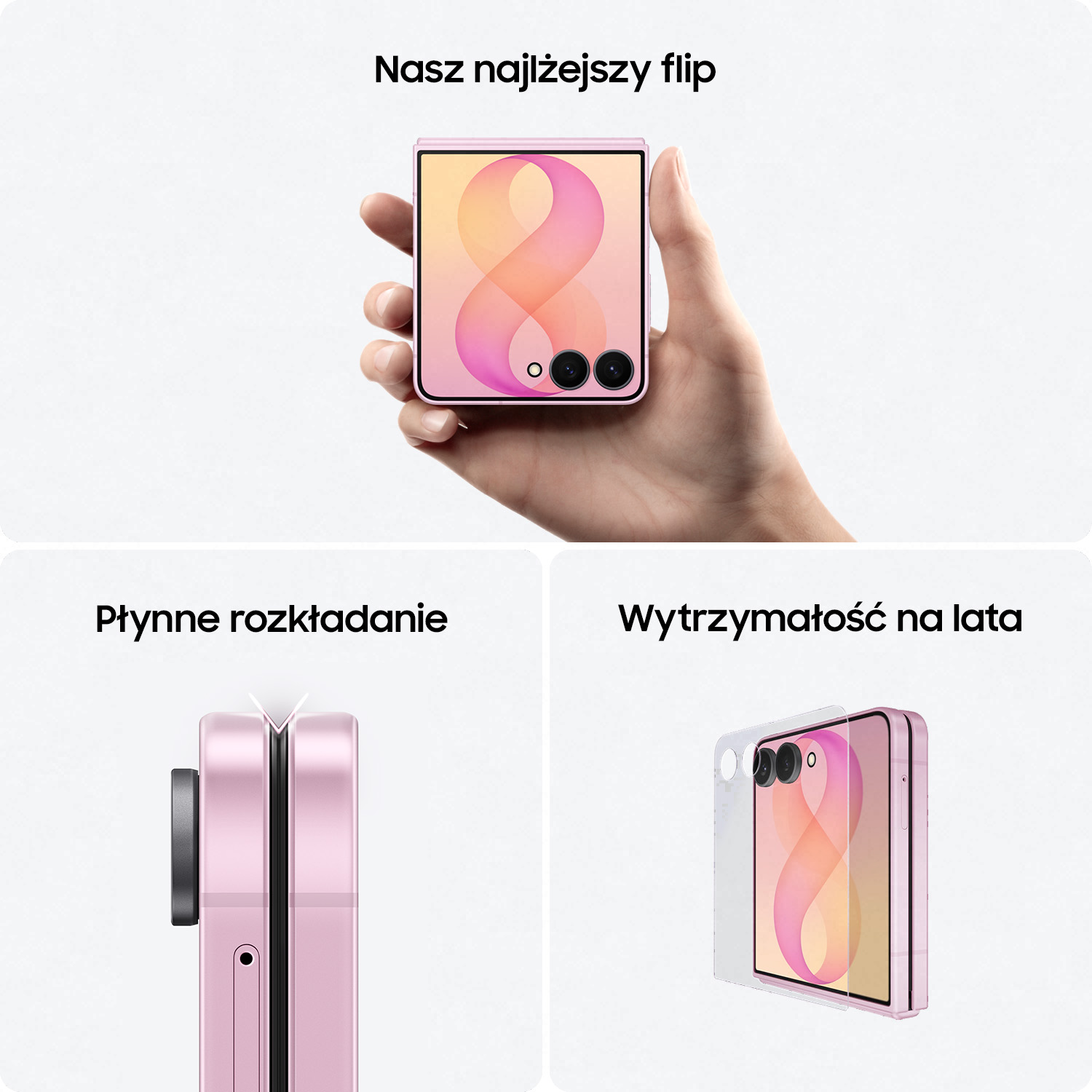 Dłoń trzyma różową składaną komórkę z abstrakcyjnym różowym wzorem na ekranie.