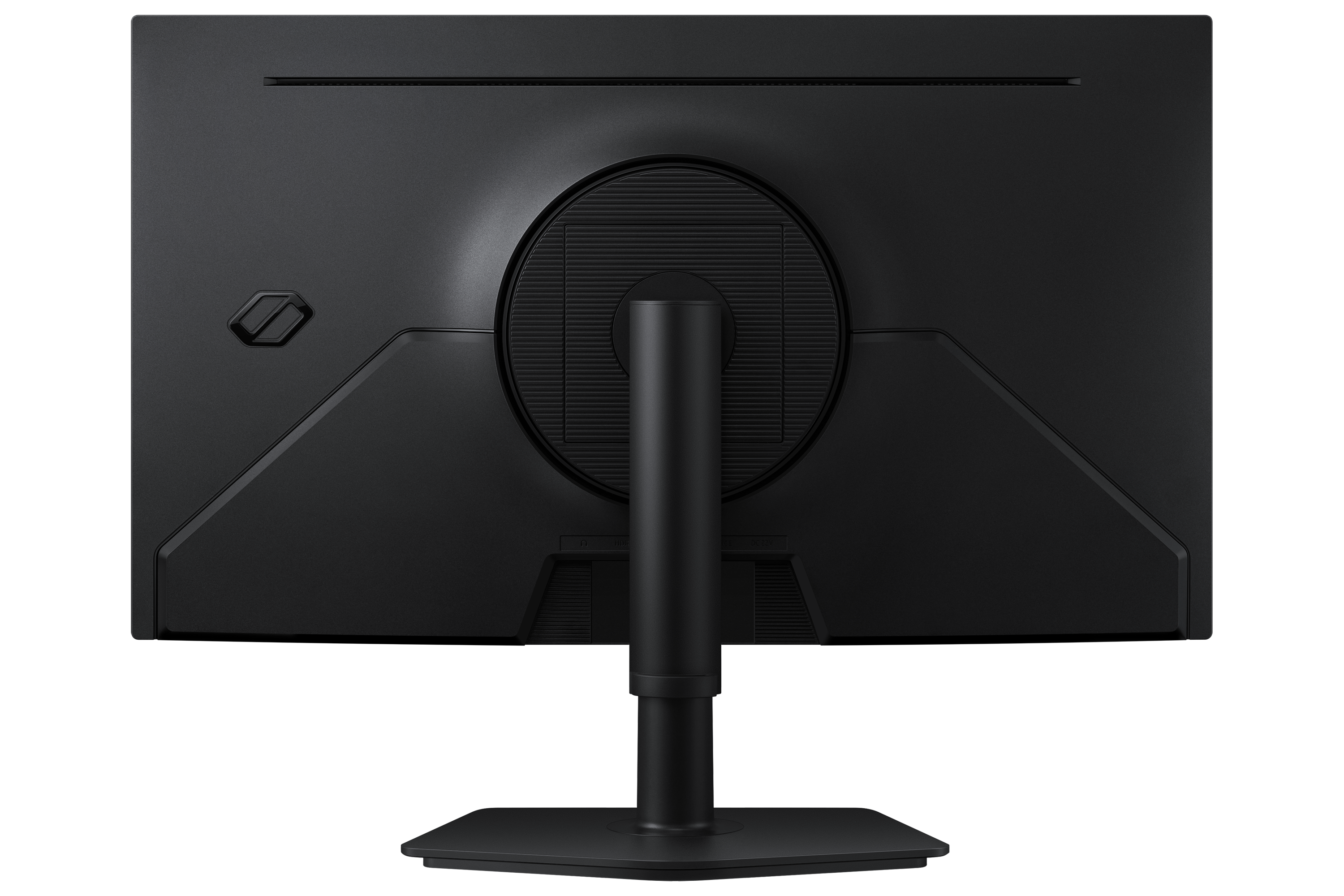 Back view of a black monitor with a round fan grille and a stand.
