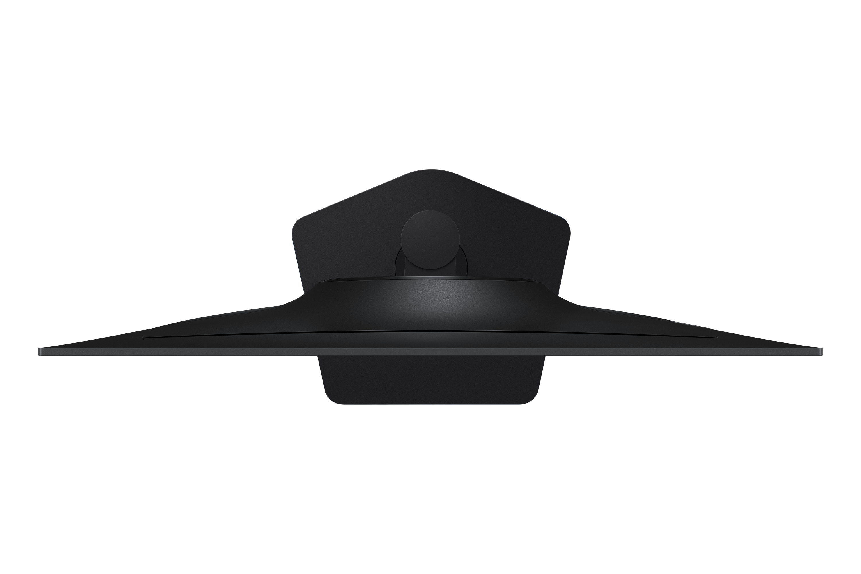 Black monitor stand with a round neck and a flat, wide base.