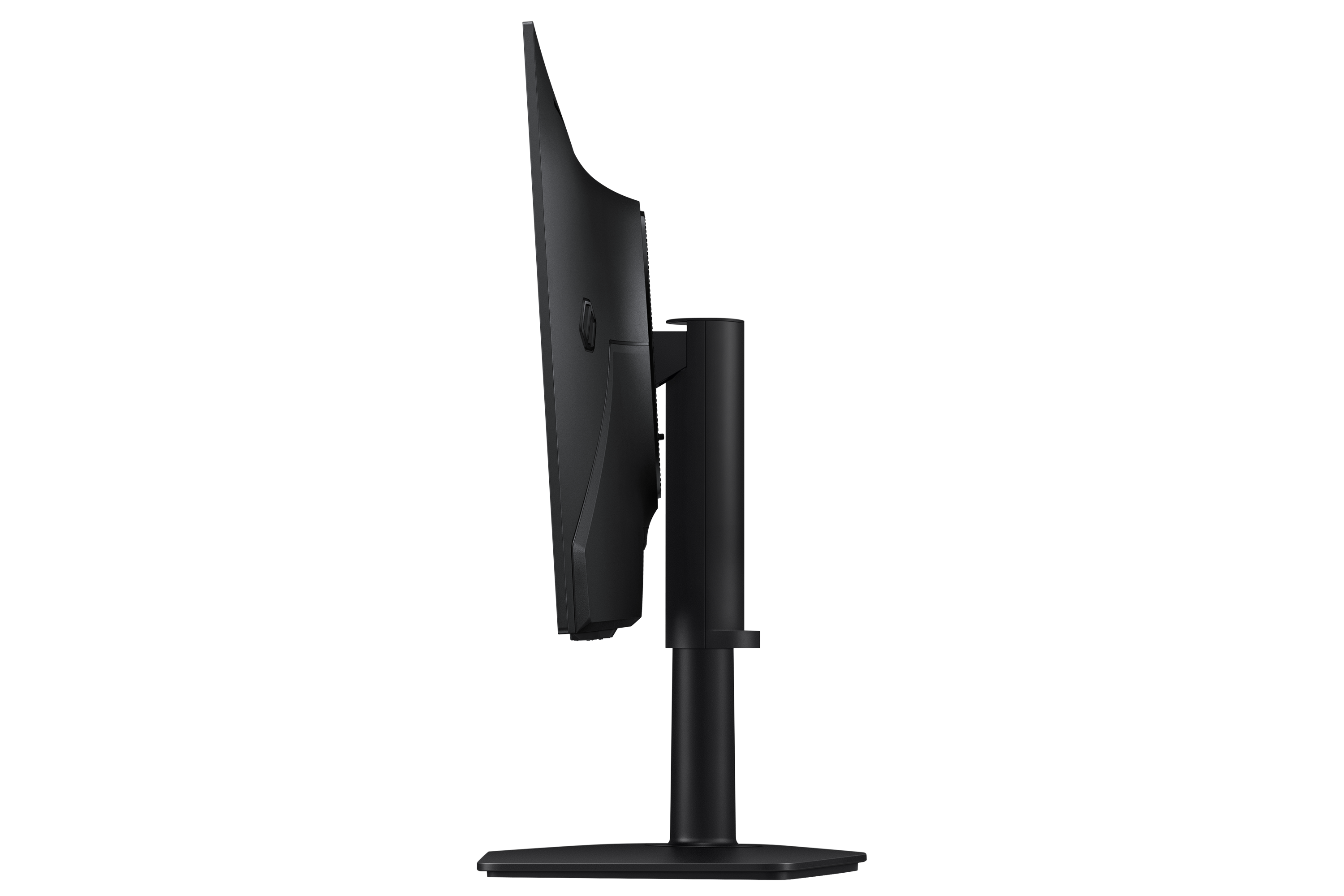 Black monitor in side profile on white background with stand.