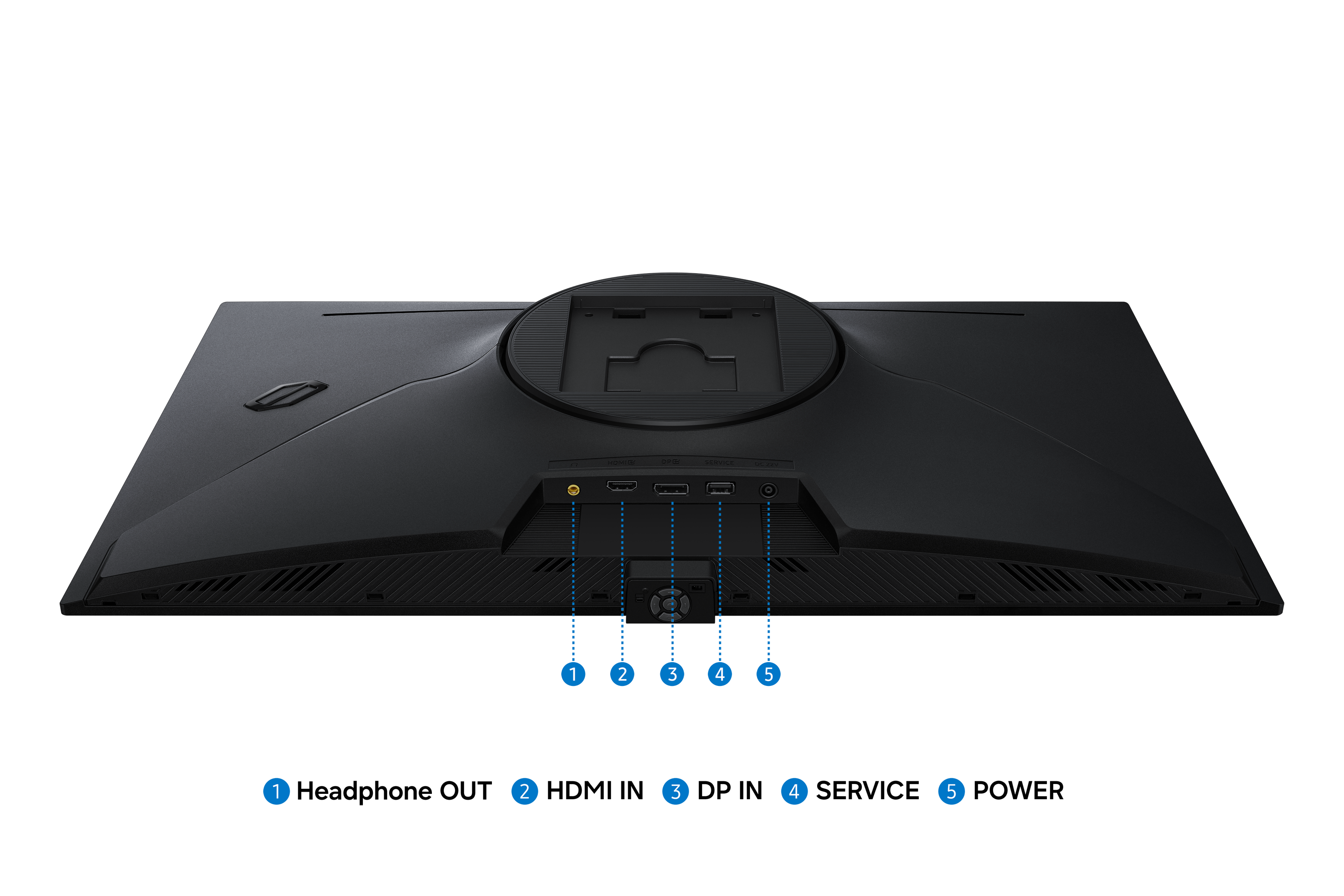 Rear view of a black monitor showing ports and labels.