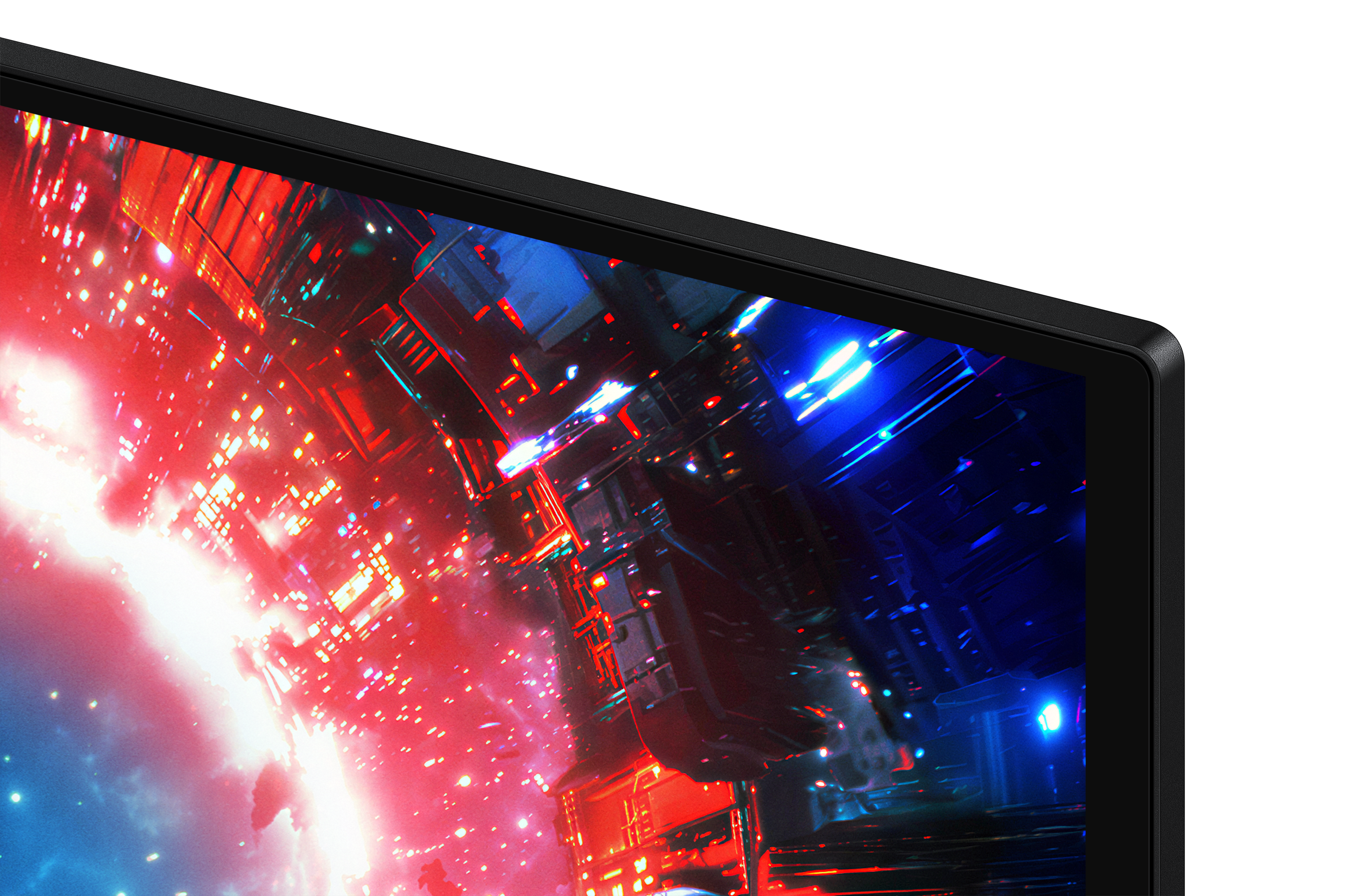 Abstract sci-fi cityscape with red and blue lights in the dark.