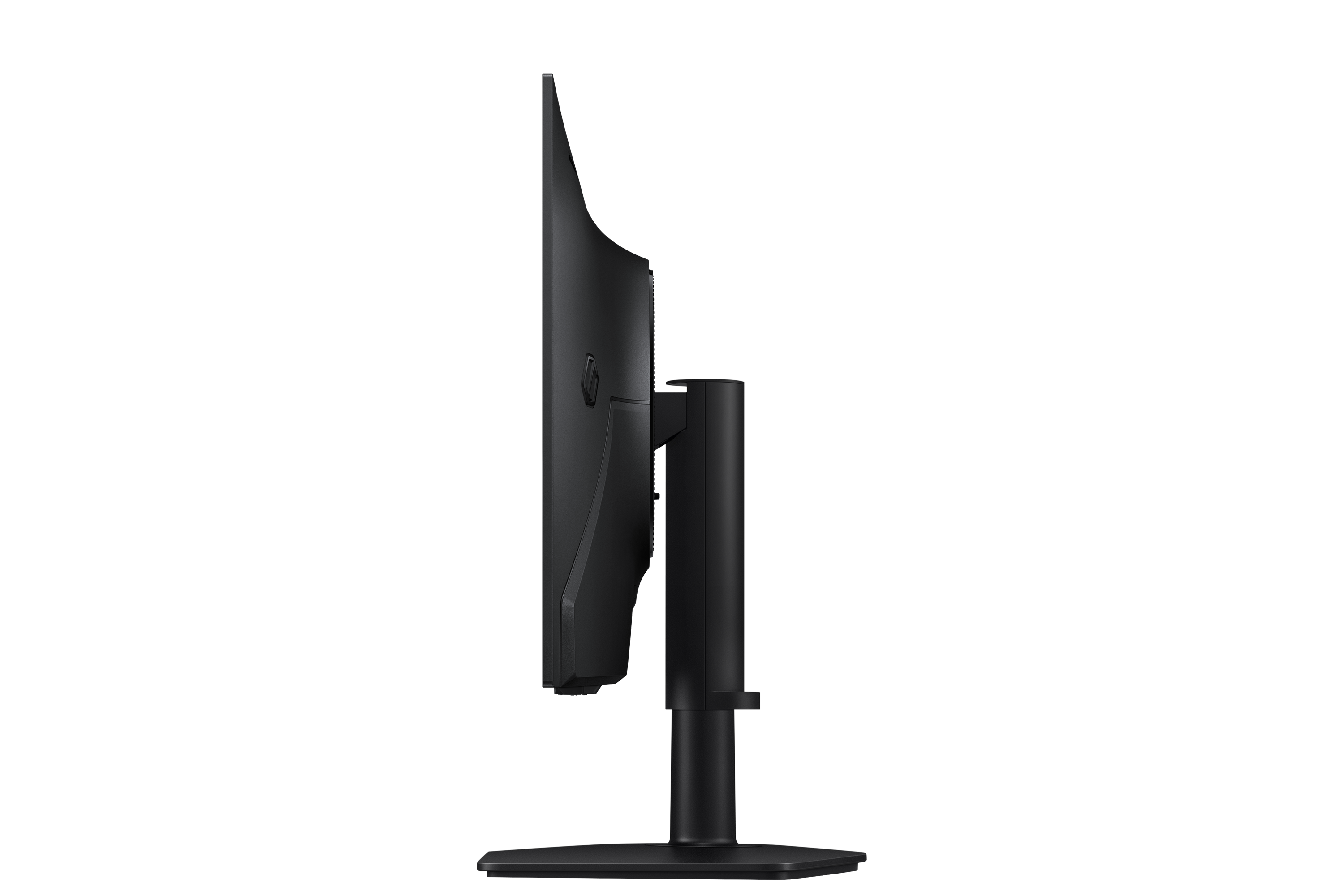 Side view of a black curved computer monitor with stand on a white background.