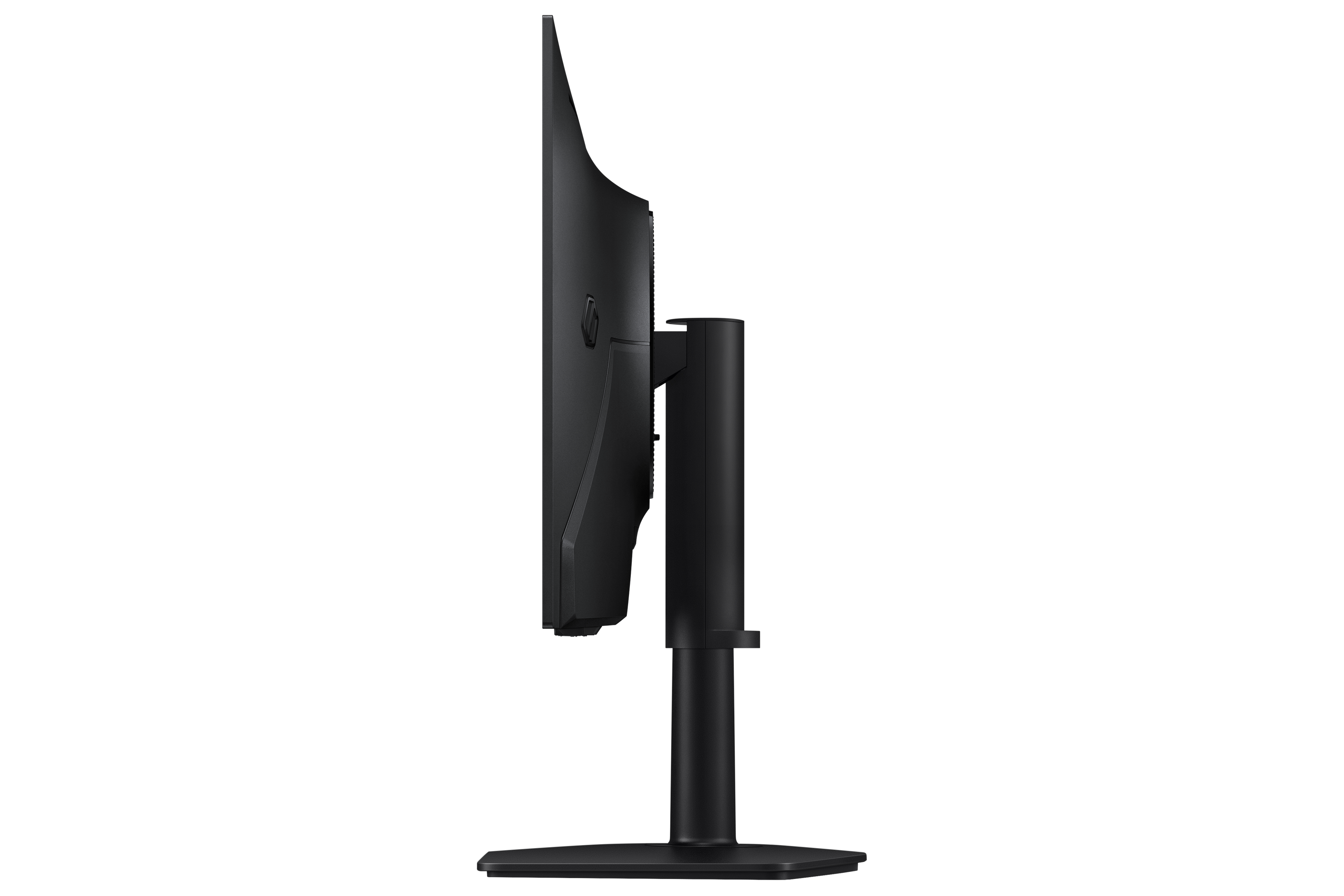Black computer monitor with a curved screen, shown from the side.