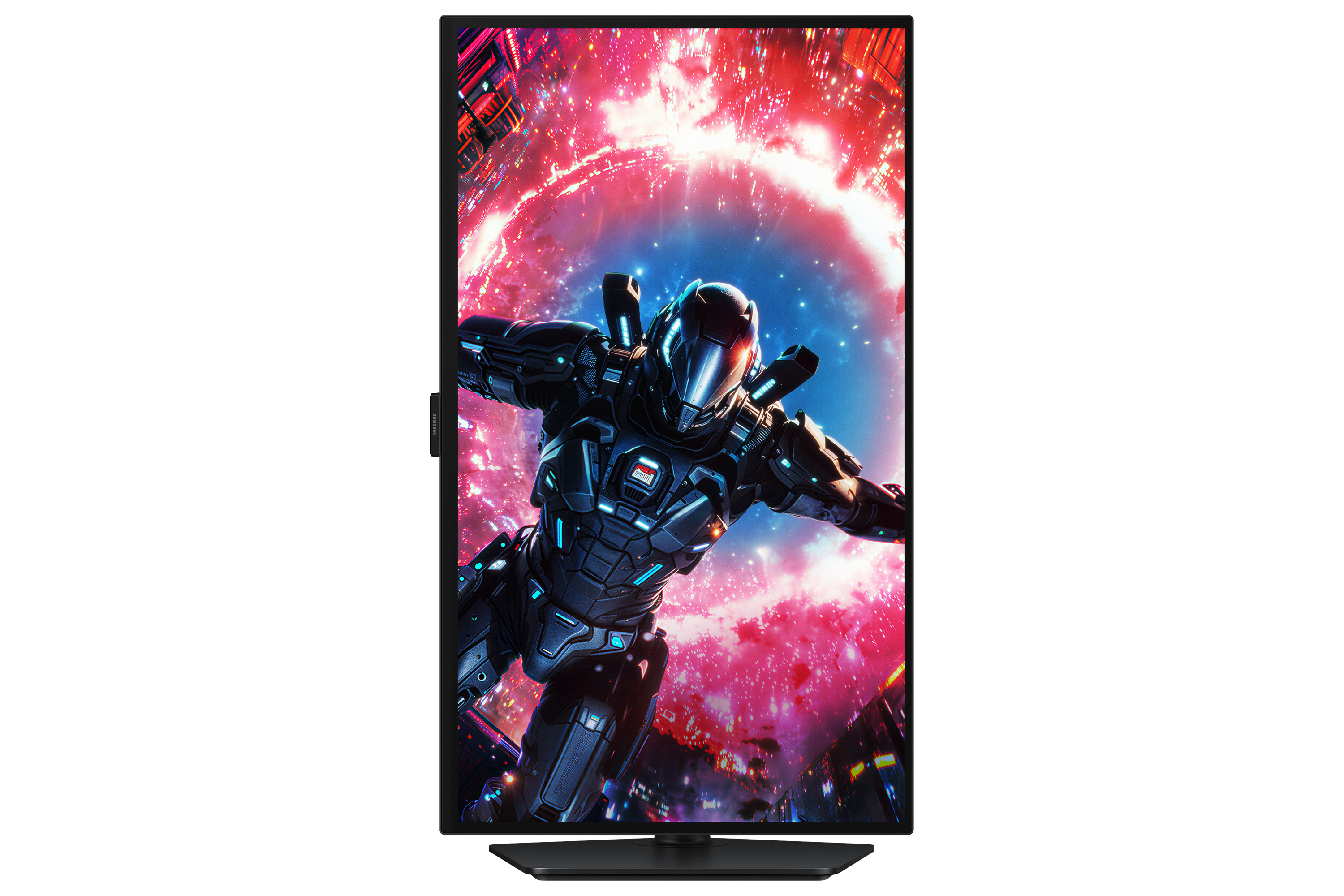 A futuristic soldier in dark armor against an explosive background.