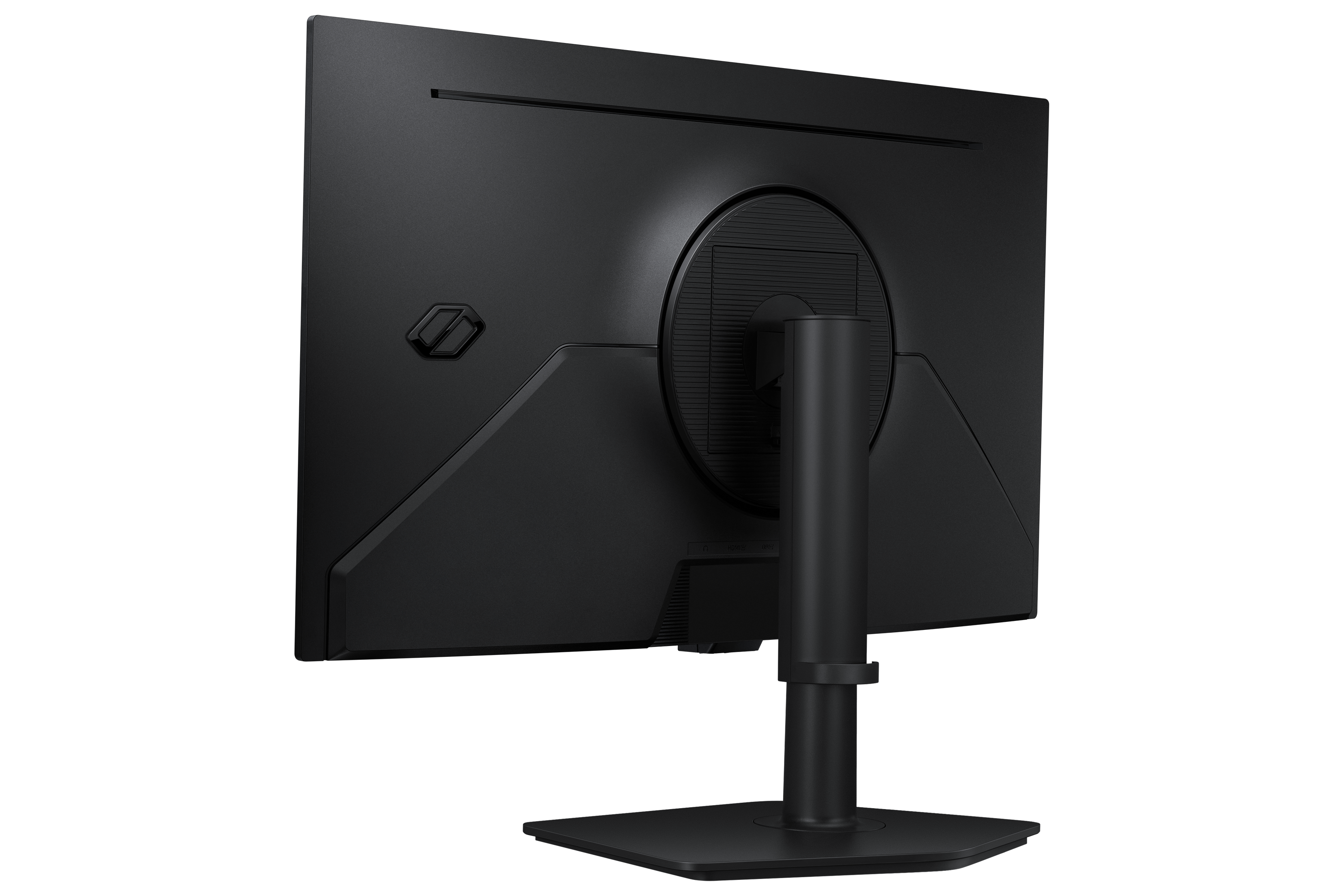 Back view of a black monitor with stand and ports.