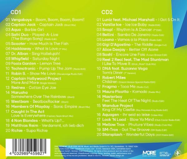 CD1 & CD2 Tracklists mit Künstlernamen und Songtiteln auf grünem Hintergrund.