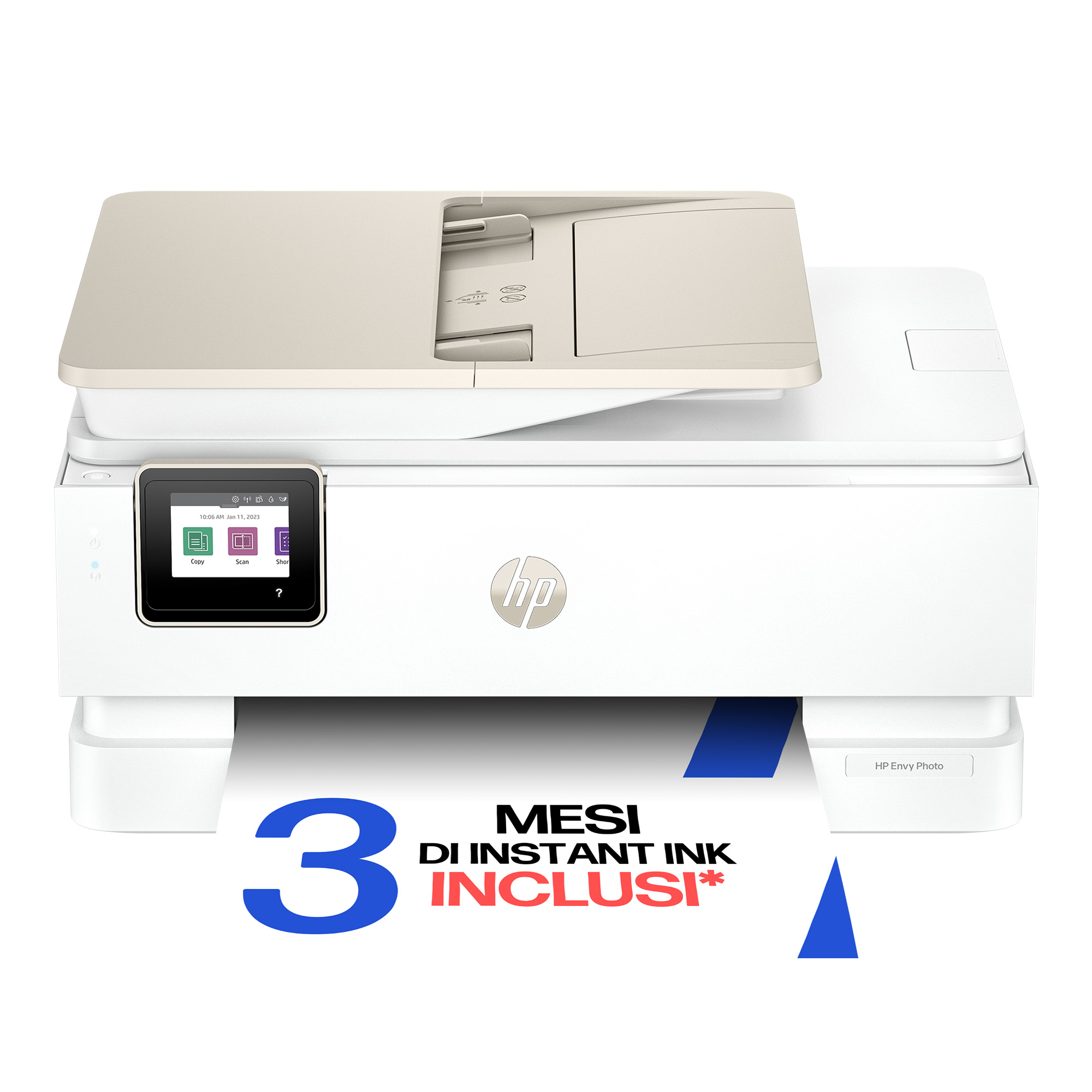 Una stampante HP Envy Photo bianca con touchscreen e stampa '3 MESI DI INSTANT INK INCLUSI'.