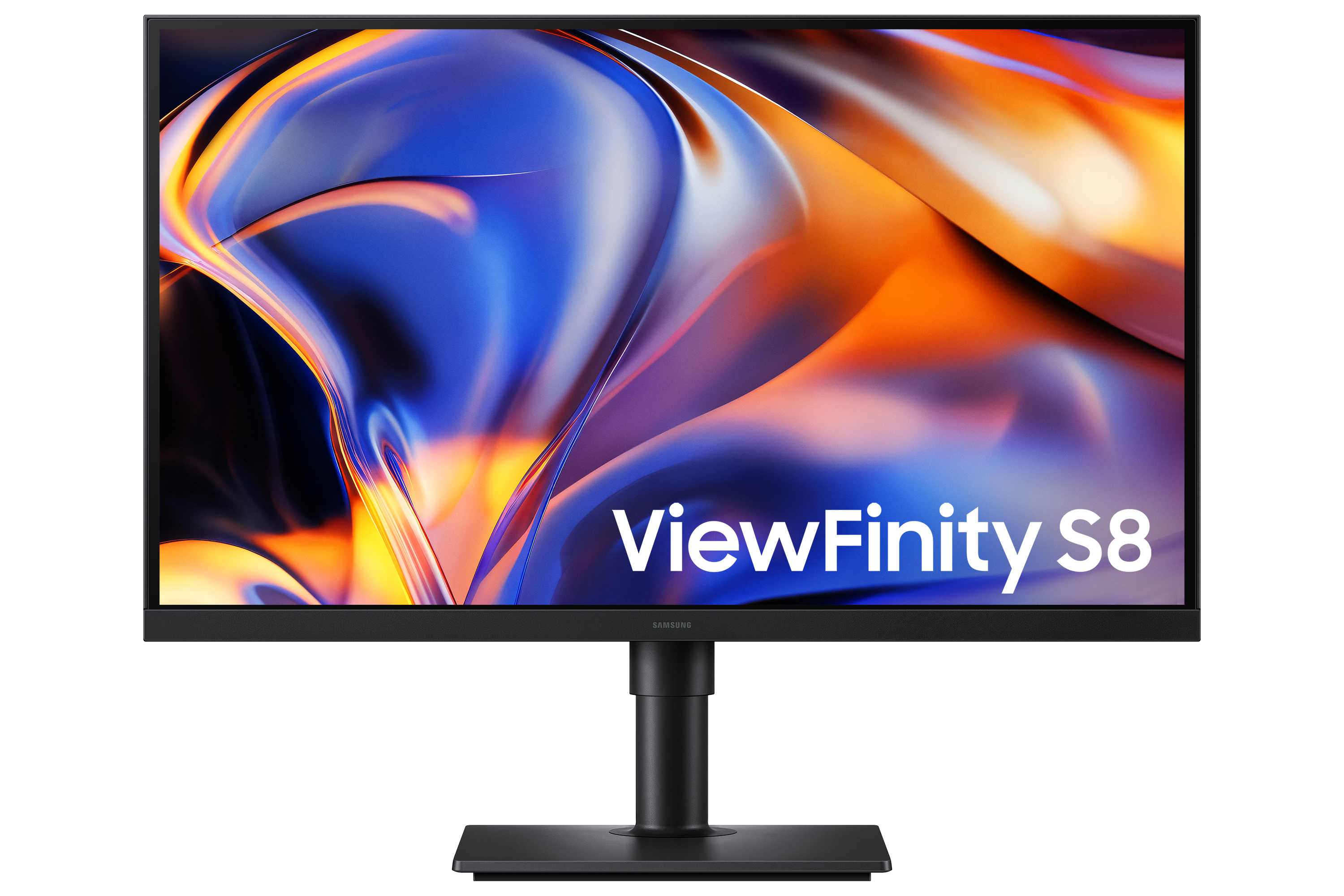 Ein schwarzer Monitor mit einem abstrakten, bunten Hintergrundbild. ViewFinity S8.