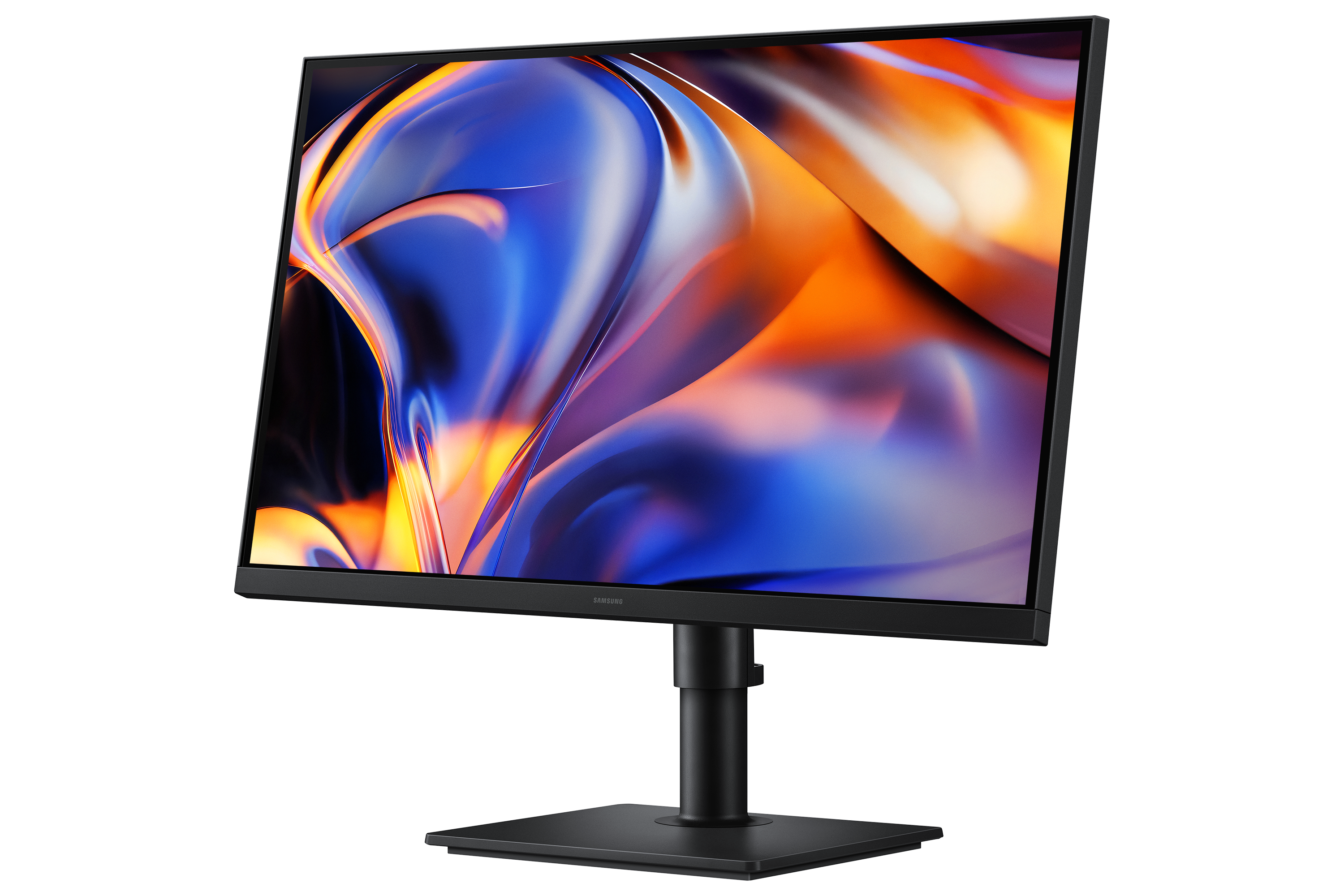 Ein schwarzer Samsung Monitor mit abstraktem, farbigem Hintergrund.