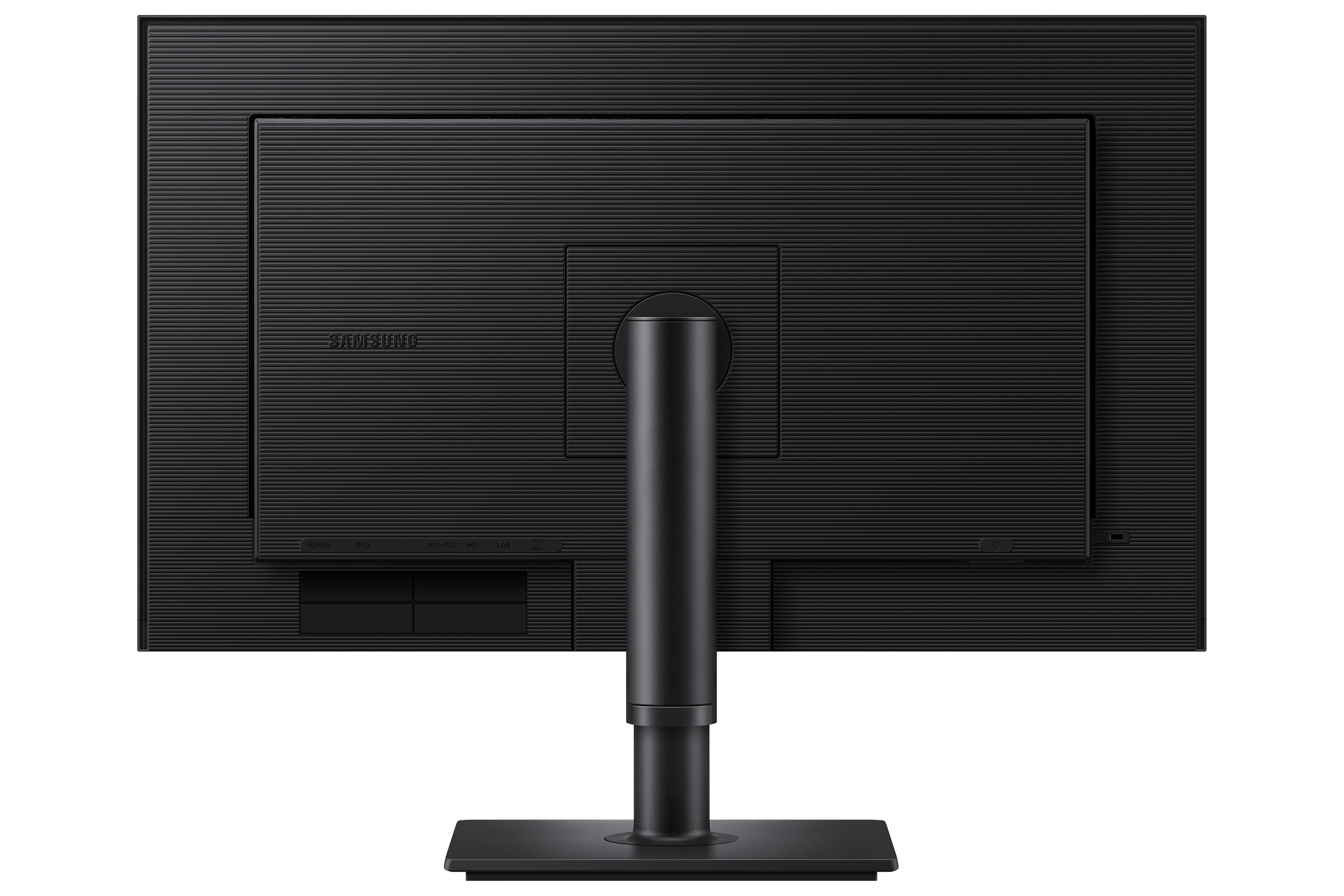 Rückseite eines schwarzen Samsung Monitors mit Anschlüssen und Ständer.