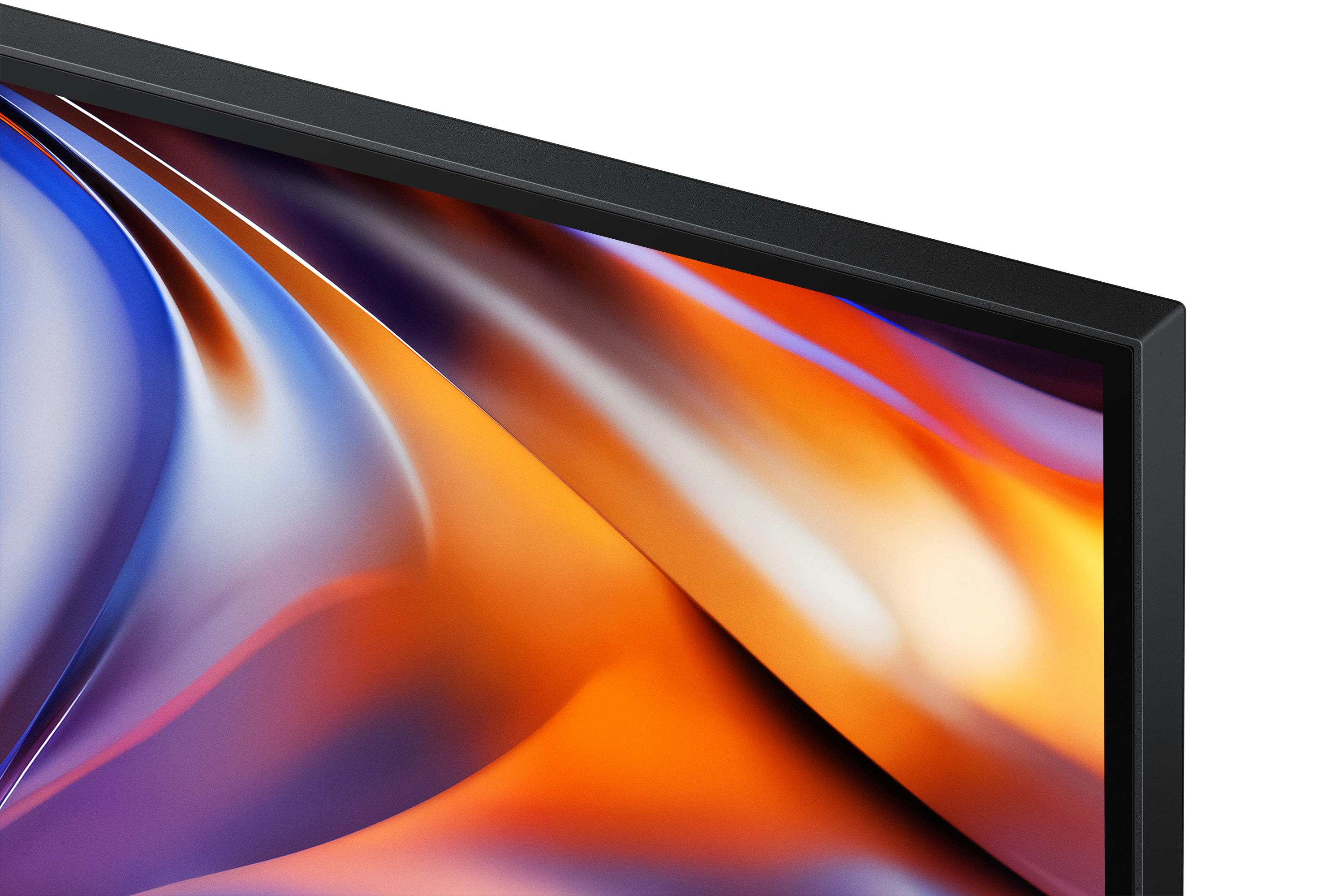 Nahaufnahme eines schwarzen Monitors mit abstraktem Hintergrund in Orange- und Blautönen.