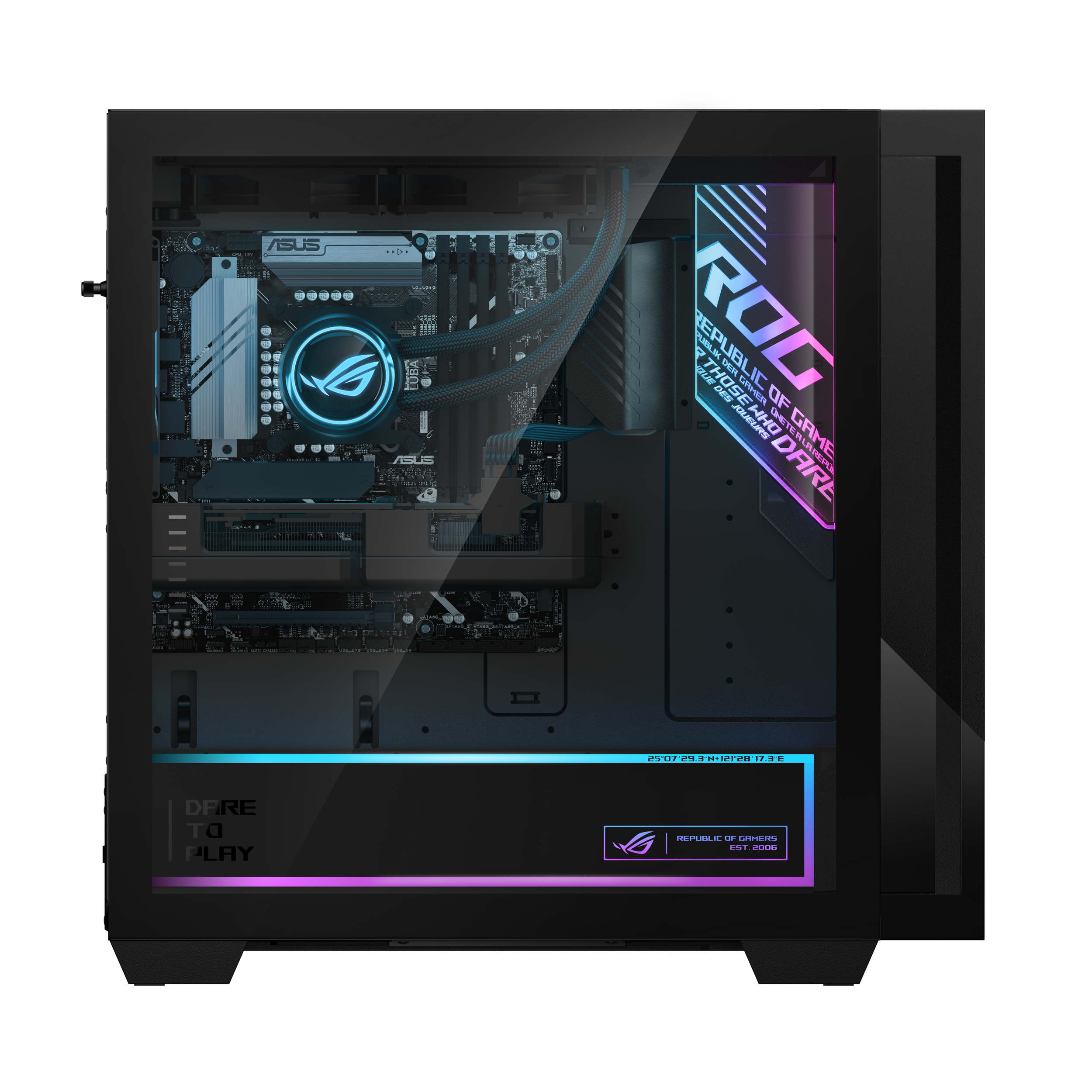 Ein PC-Gehäuse mit Glasfront, das eine ASUS-Hauptplatine und RGB-Beleuchtung zeigt.