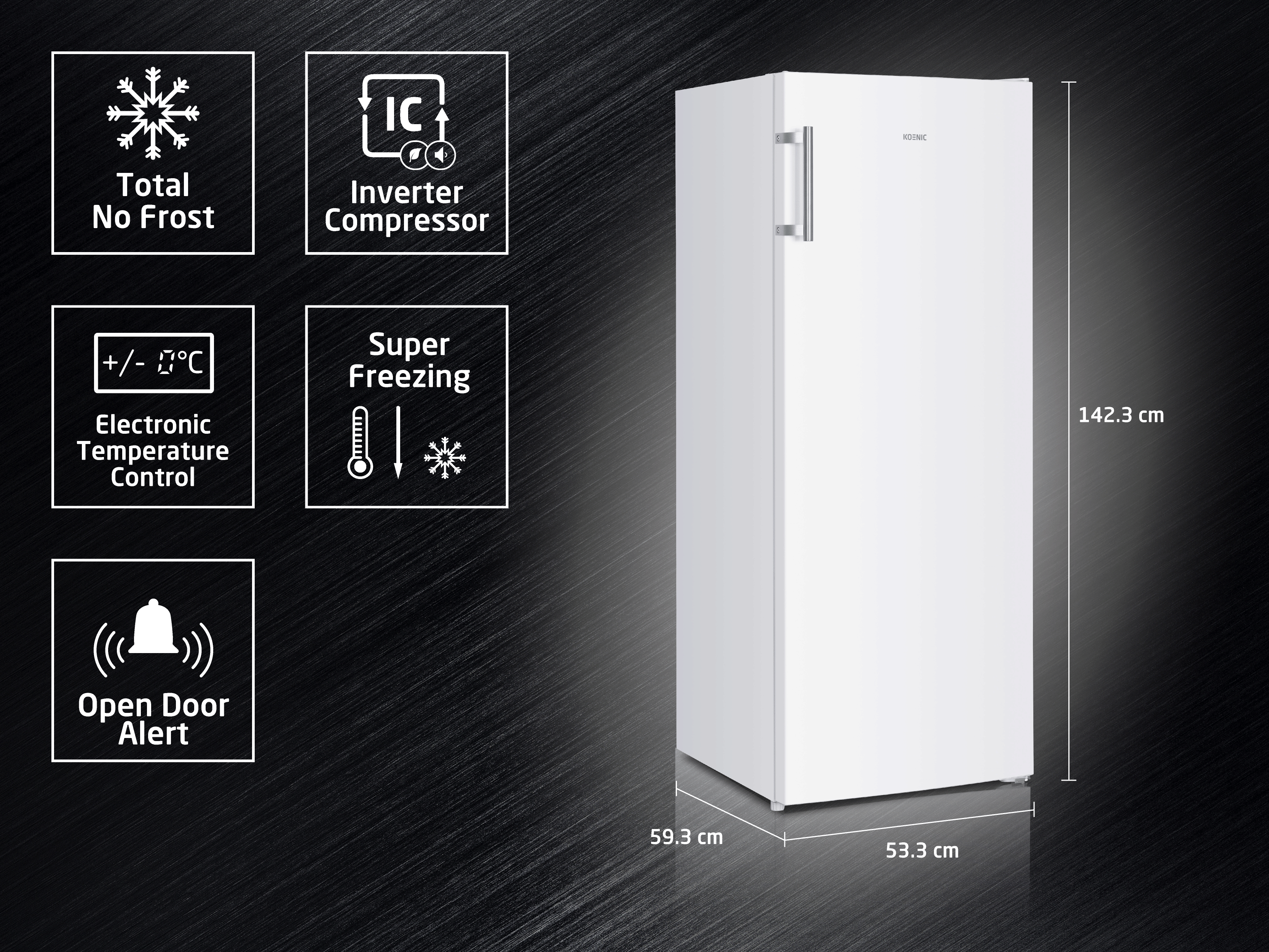 Refrigerador blanco con funciones: Total No Frost, Inverter Compressor, Temp Control, Super Freezing, Door Alert. Dimensiones mostradas.
