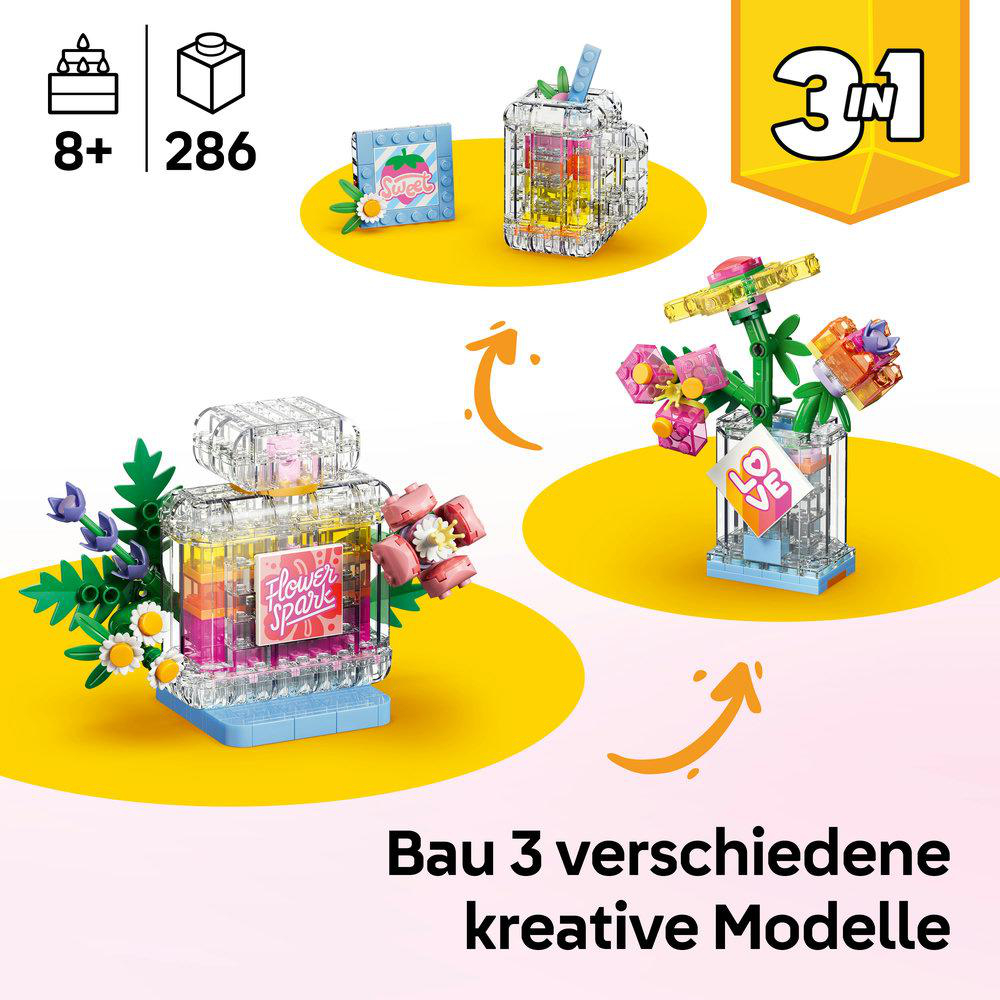 Drei bunte Lego-Modelle: Parfümflasche, Glas mit Getränk und Blumenstrauß.