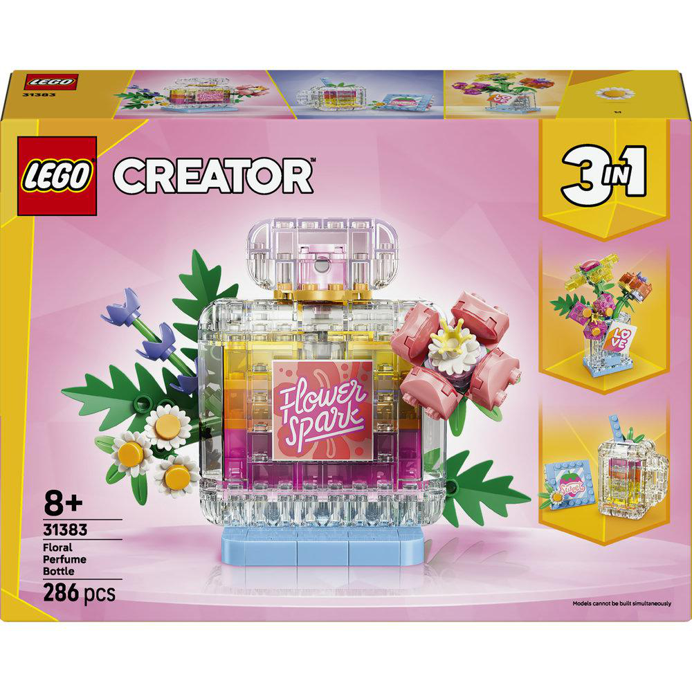 LEGO Creator Set: eine durchsichtige Parfümflasche mit rosa Blumen und grünen Blättern.