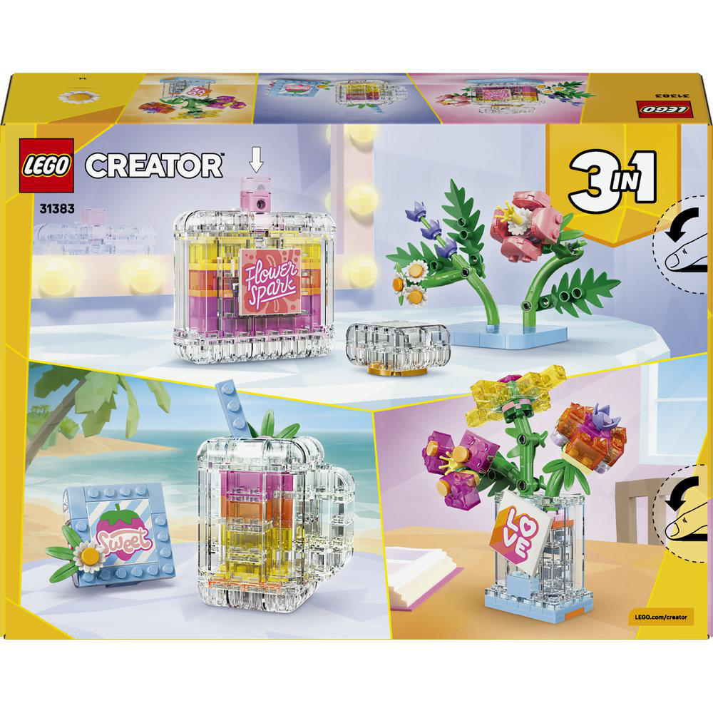 LEGO Creator Box mit drei baubaren Blumen-Sets: Flasche, Kelch und Blumenstrauß.